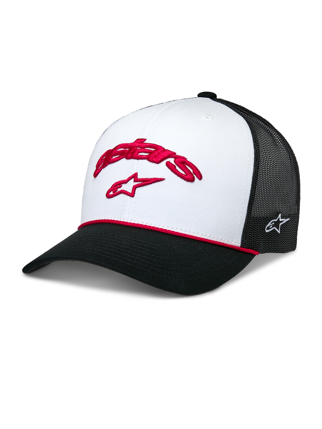 Alpinestars Agree Trucker Hat, White and Black, red embroidered Astars logo on front white panel, black mesh back, structured curved black brim with red braided rope detail, casual motorsport headwear