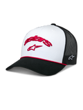 Alpinestars Agree Trucker Hat, White and Black, red embroidered Astars logo on front white panel, black mesh back, structured curved black brim with red braided rope detail, casual motorsport headwear