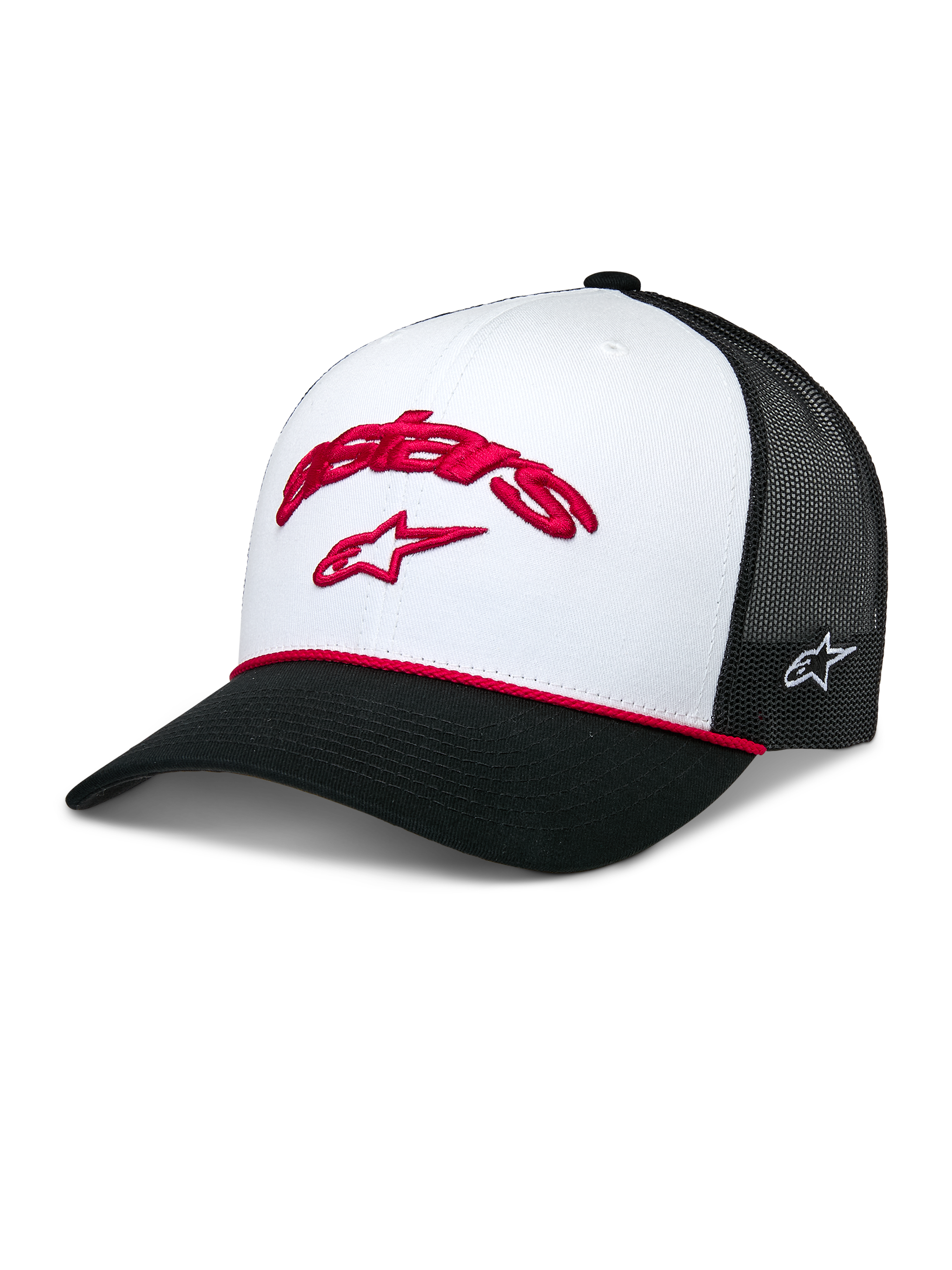 Alpinestars Agree Trucker Hat, White and Black, red embroidered Astars logo on front white panel, black mesh back, structured curved black brim with red braided rope detail, casual motorsport headwear