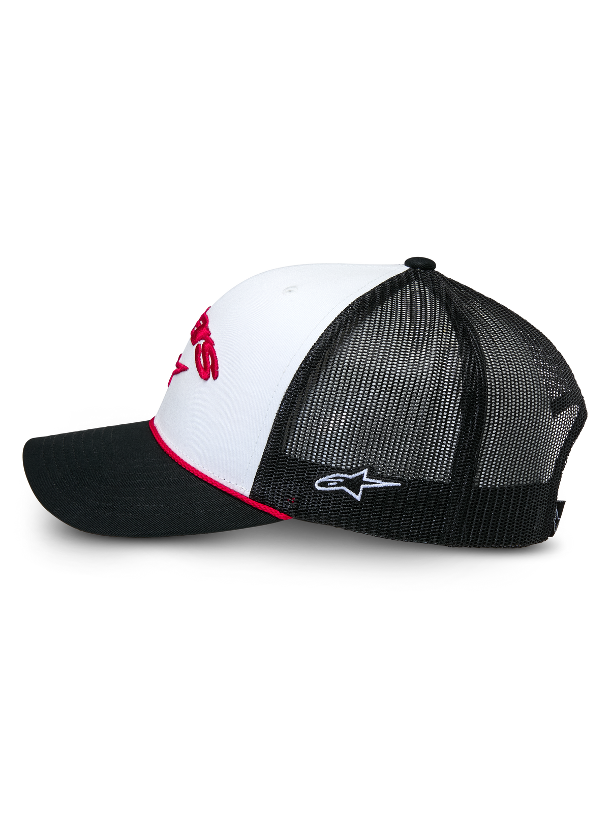 Alpinestars Agree Trucker Hat, side view, White and Black, White front panel with red embroidery, Black mesh back with small white logo, black curved bill with red braided rope accent, casual motorsport headwear
