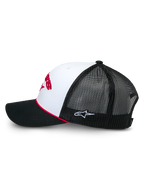 Alpinestars Agree Trucker Hat, side view, White and Black, White front panel with red embroidery, Black mesh back with small white logo, black curved bill with red braided rope accent, casual motorsport headwear