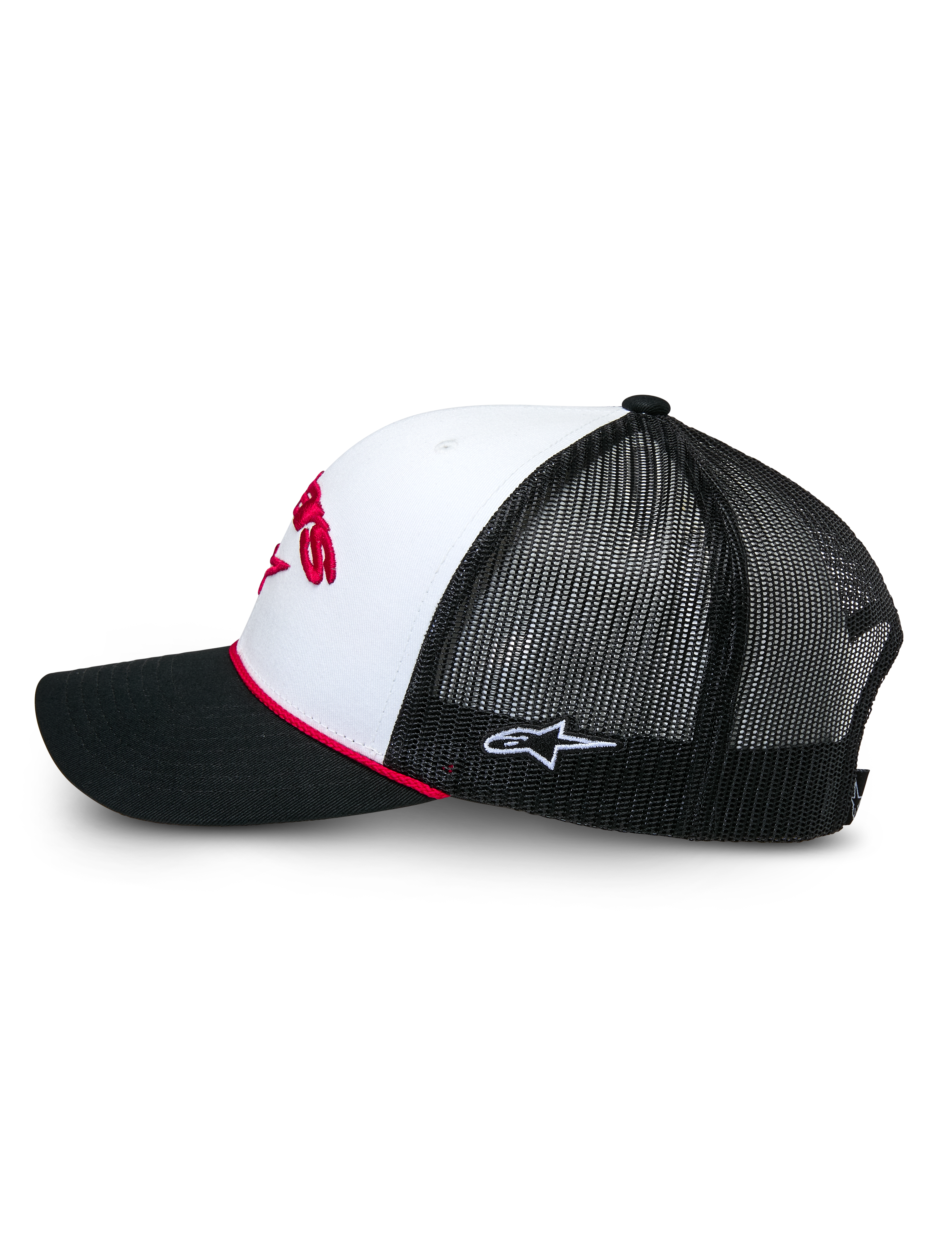 Alpinestars Agree Trucker Hat, side view, White and Black, White front panel with red embroidery, Black mesh back with small white logo, black curved bill with red braided rope accent, casual motorsport headwear