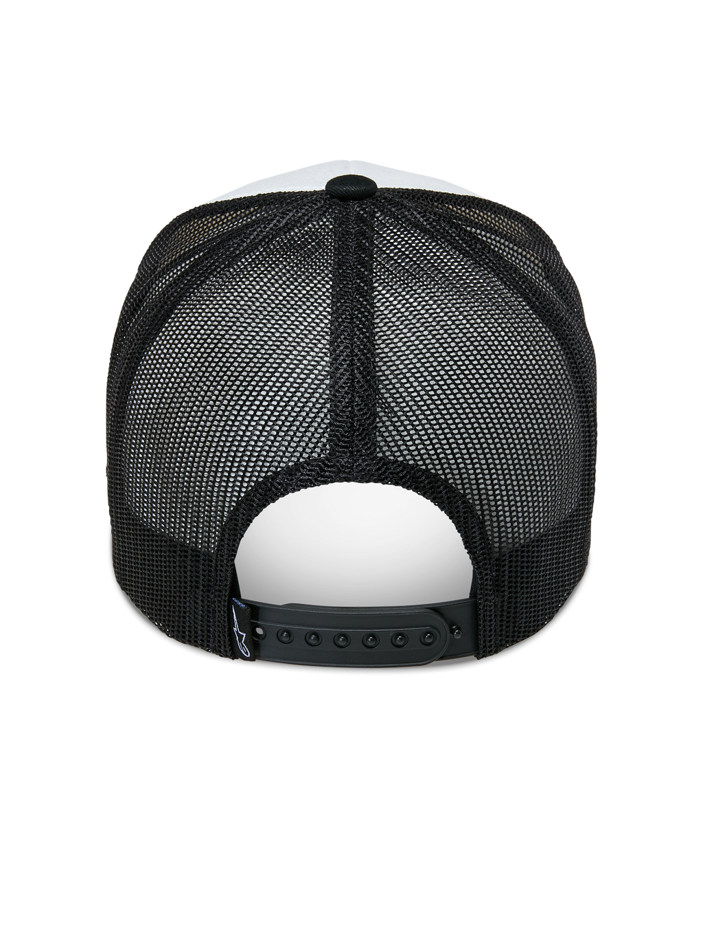 Alpinestars Agree Trucker Hat, back view, White and Black, featuring breathable black mesh panels and adjustable snapback closure, casual sportswear headwear