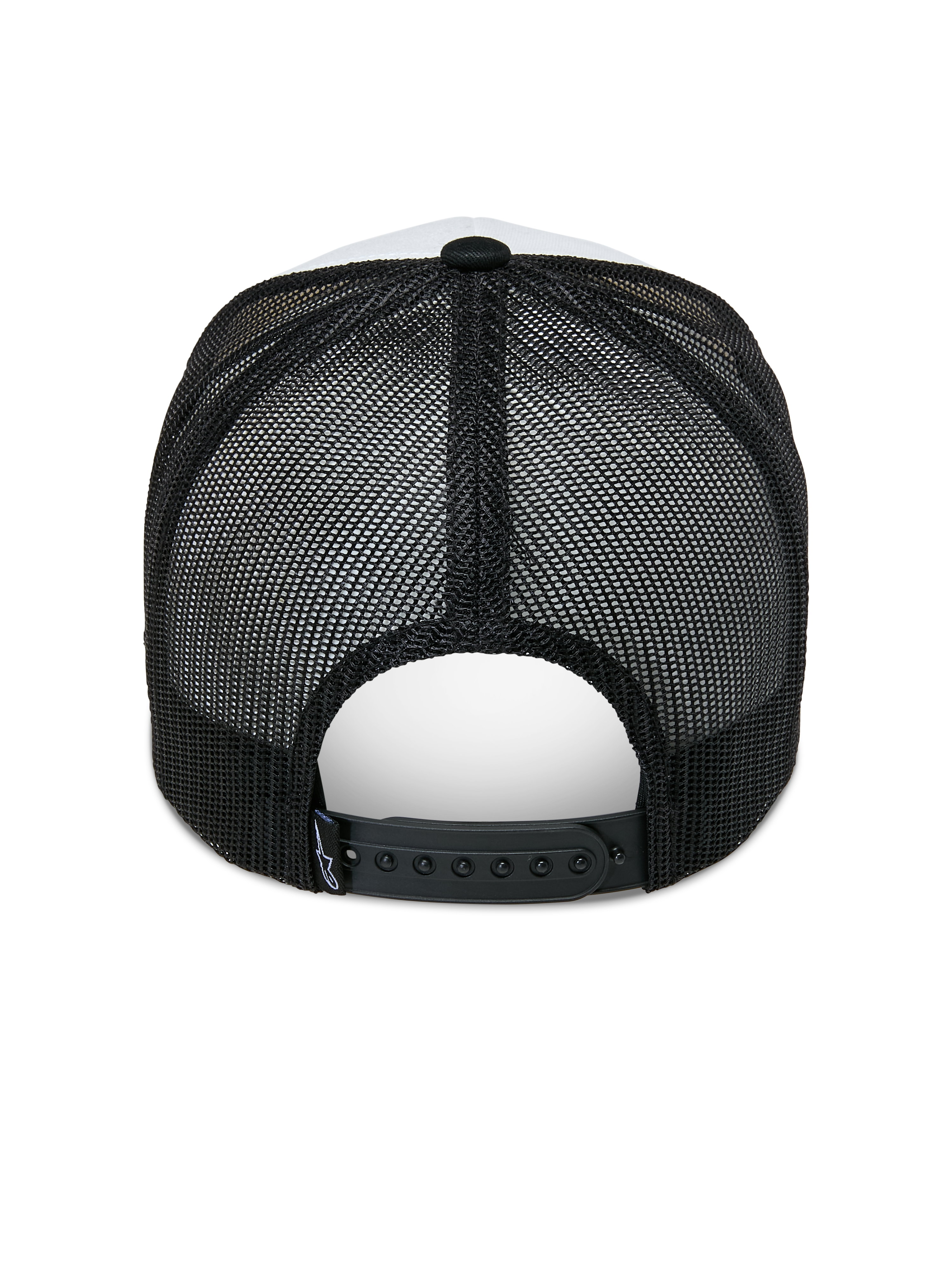 Alpinestars Agree Trucker Hat, back view, White and Black, featuring breathable black mesh panels and adjustable snapback closure, casual sportswear headwear