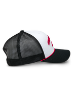 Alpinestars Agree Trucker Hat, side view, white front panel with black mesh back and black bill, red braided rope accent, red embroidered Astars logo, casual motorsport headwear
