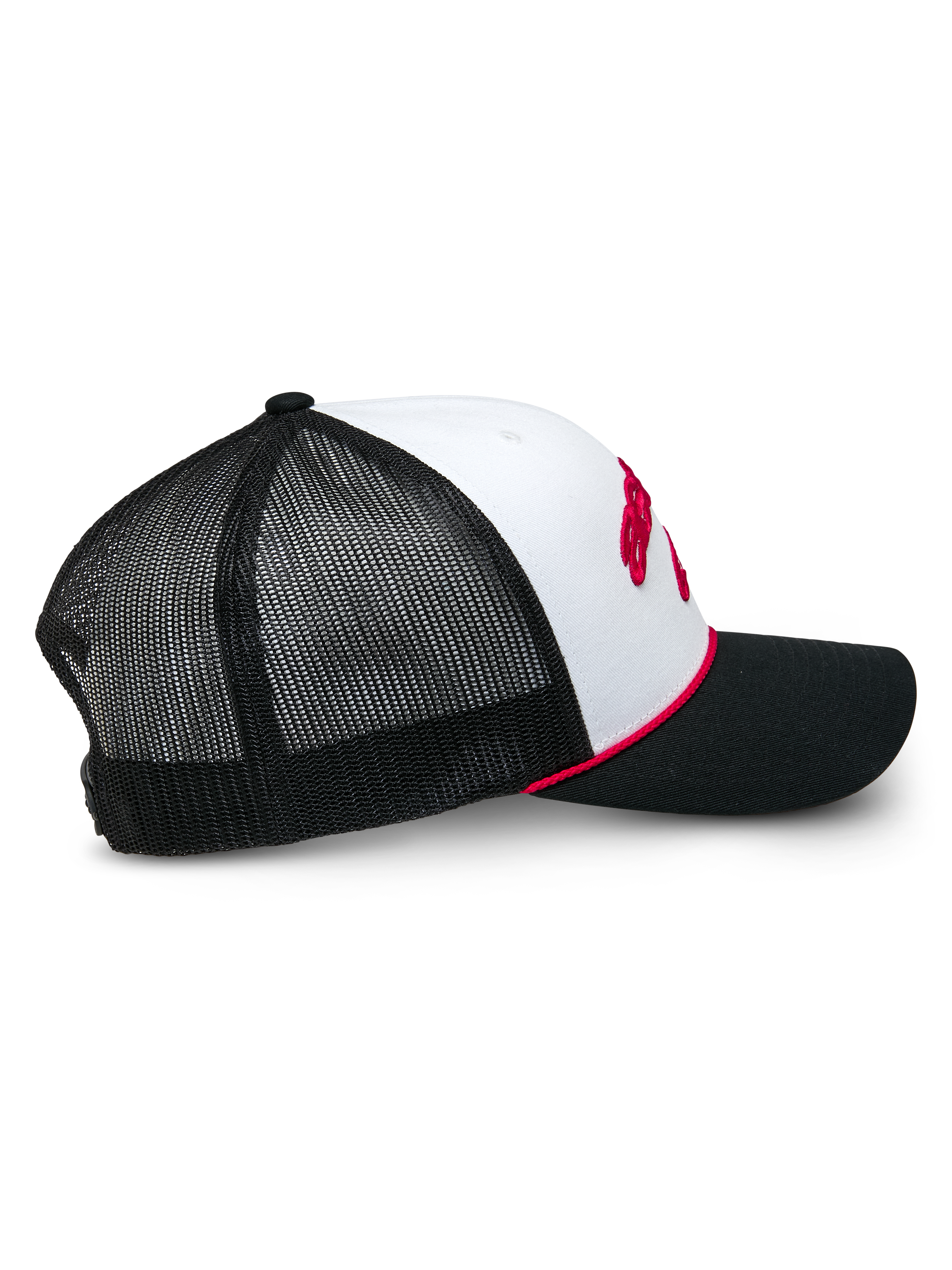 Alpinestars Agree Trucker Hat, side view, white front panel with black mesh back and black bill, red braided rope accent, red embroidered Astars logo, casual motorsport headwear