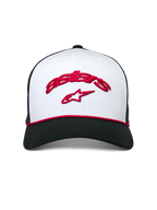 Alpinestars Agree Trucker Hat, White front crown and Black mesh back, Curved Black bill with Red braided rope, Red Astars curved embroidery and red star logo, Casual motorsport headwear