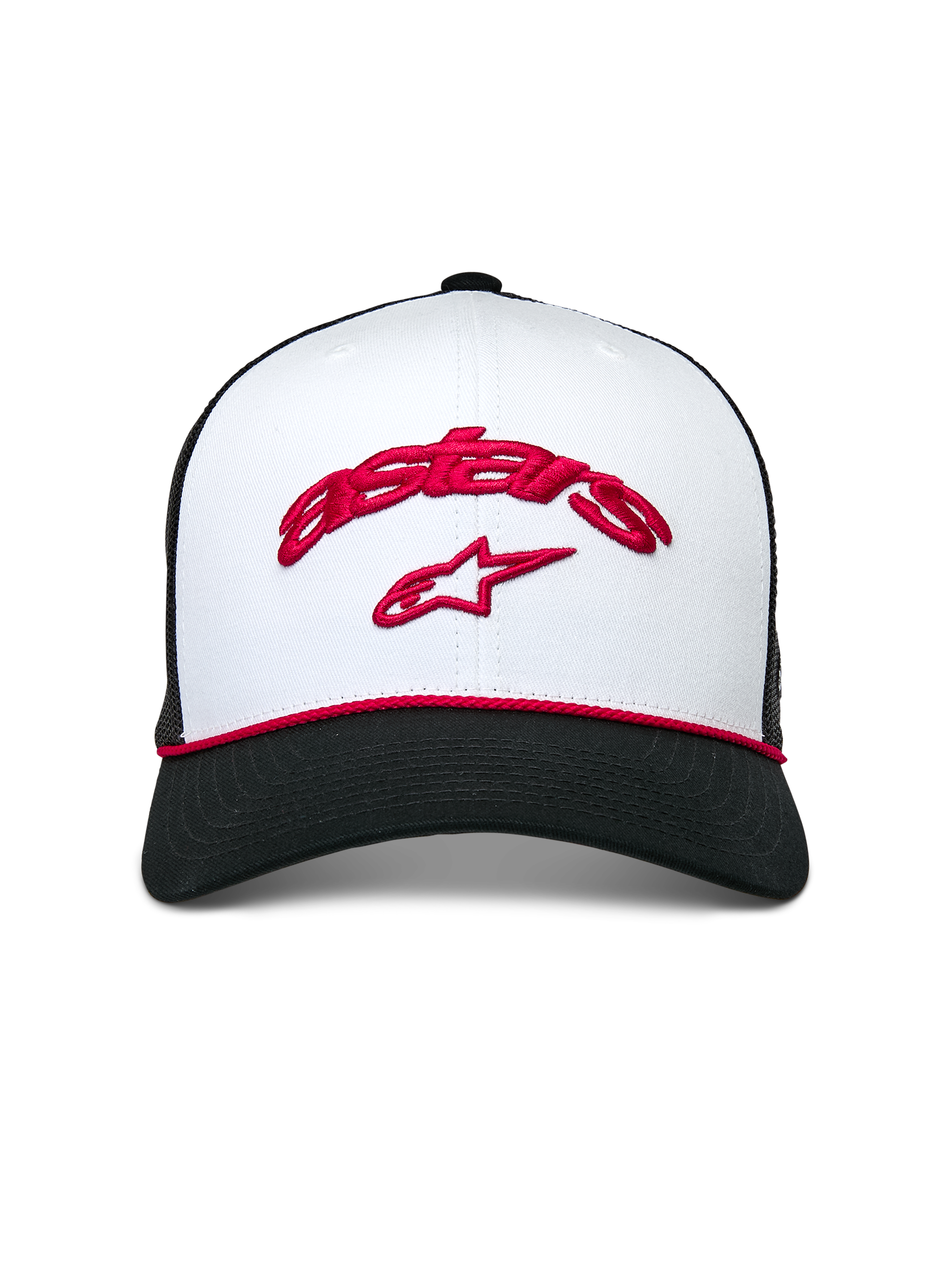 Alpinestars Agree Trucker Hat, White front crown and Black mesh back, Curved Black bill with Red braided rope, Red Astars curved embroidery and red star logo, Casual motorsport headwear