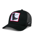Alpinestars Booted Trucker Hat, black trucker cap, featuring a front woven Tech Boot patch with a red border, poly mesh back with white side logo embroidery, curved bill with braided rope trim, casual motorsport-inspired headwear