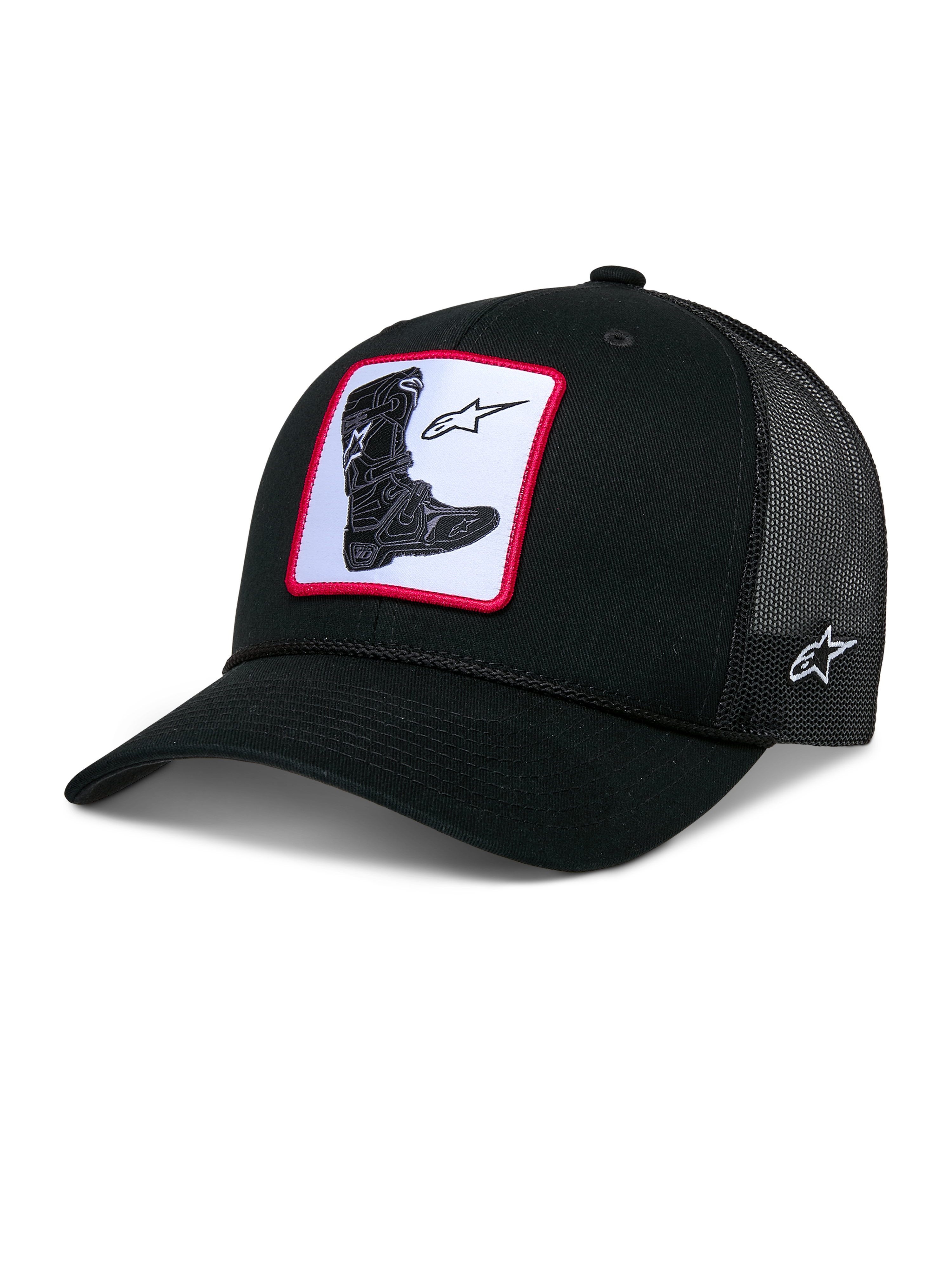 Alpinestars Booted Trucker Hat, black trucker cap, featuring a front woven Tech Boot patch with a red border, poly mesh back with white side logo embroidery, curved bill with braided rope trim, casual motorsport-inspired headwear