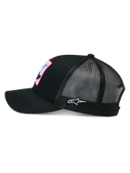 Alpinestars Booted Trucker Hat, Trucker Cap, Black, side profile showing mesh back and curved bill, braided rope trim, embroidered side logo, casual motorsport headwear
