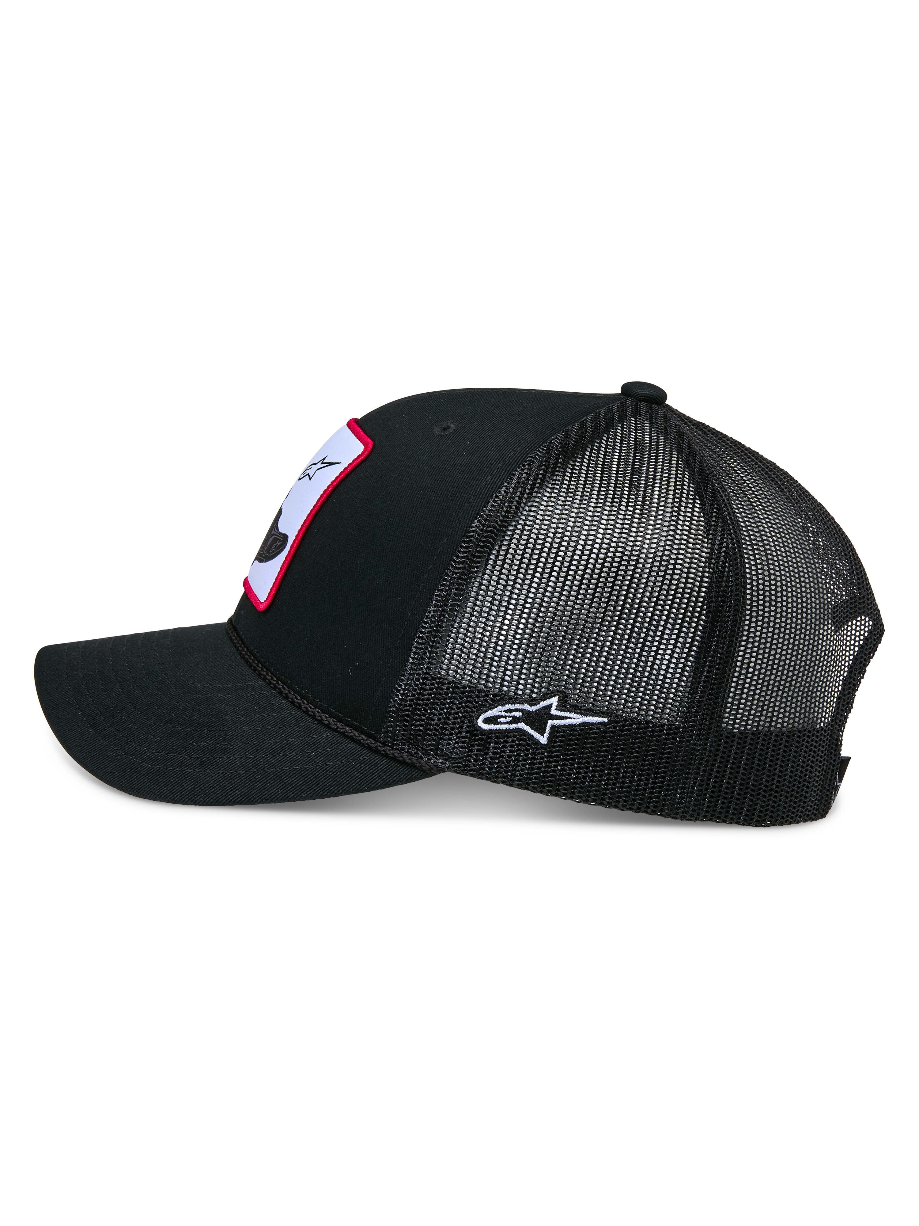 Alpinestars Booted Trucker Hat, Trucker Cap, Black, side profile showing mesh back and curved bill, braided rope trim, embroidered side logo, casual motorsport headwear