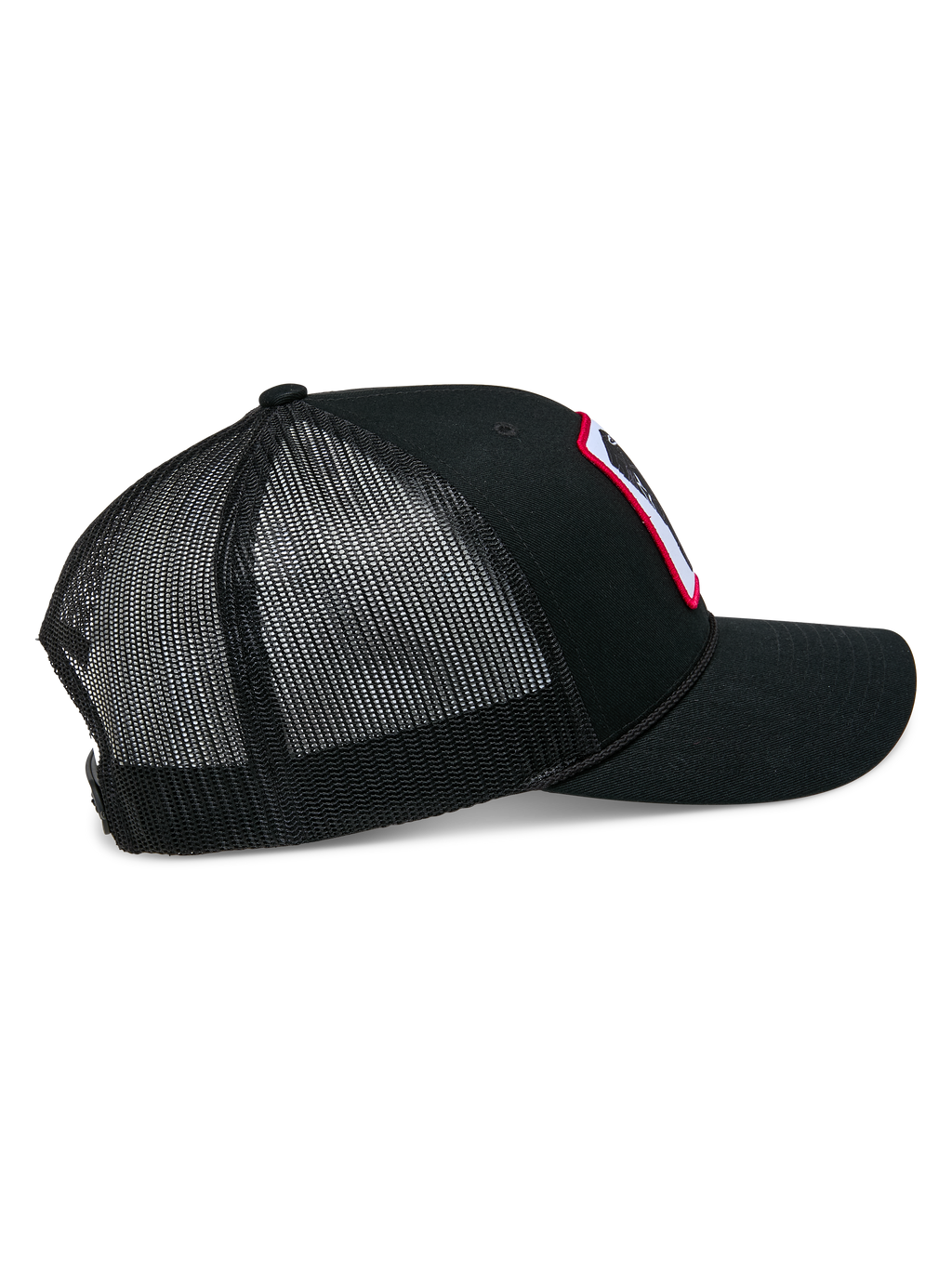Alpinestars Booted Trucker Hat, black mesh-back snapback cap, side view highlighting the breathable poly mesh, braided rope trim, and curved bill, casual motorsport headwear