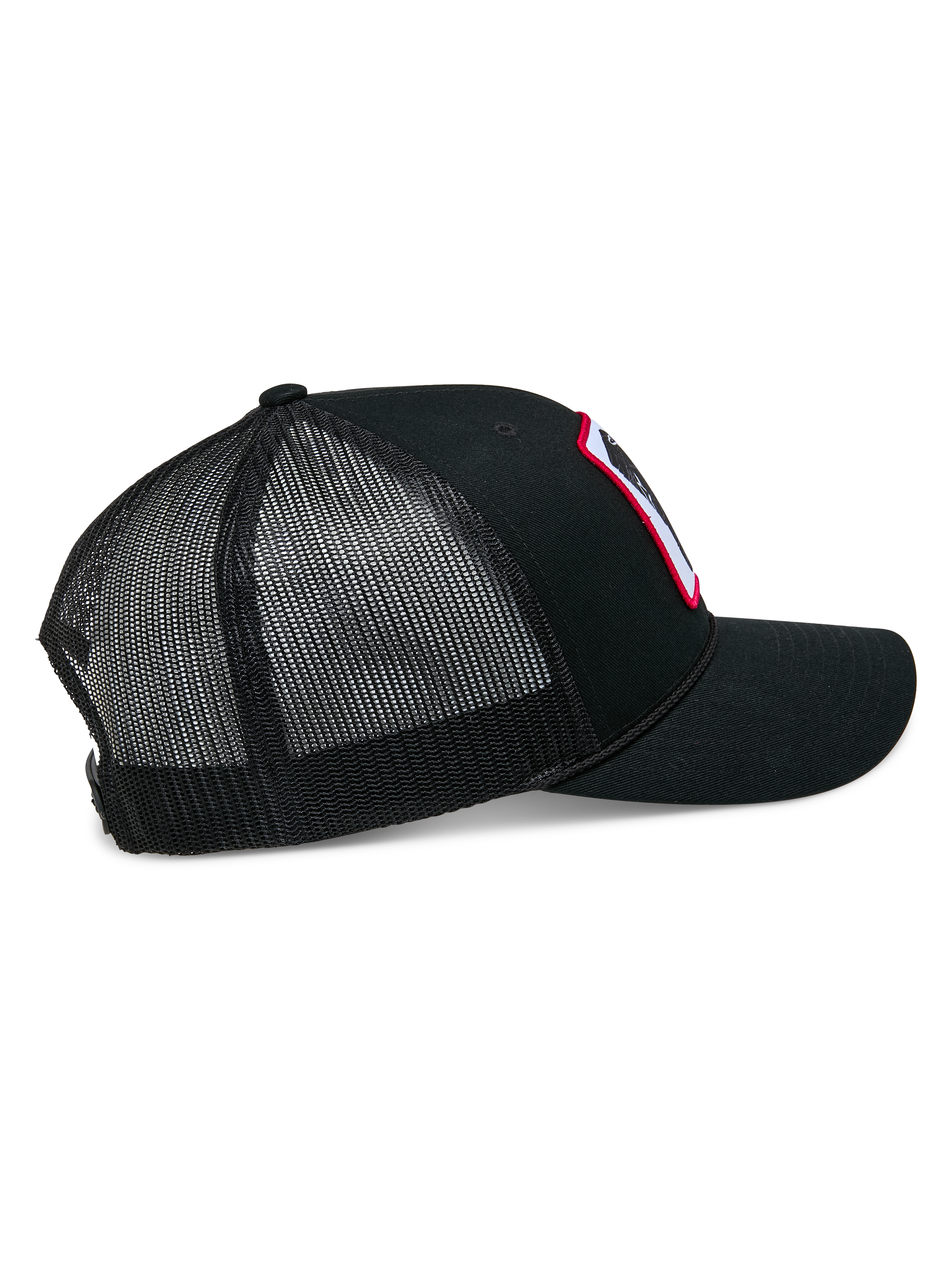 Alpinestars Booted Trucker Hat, black mesh-back snapback cap, side view highlighting the breathable poly mesh, braided rope trim, and curved bill, casual motorsport headwear