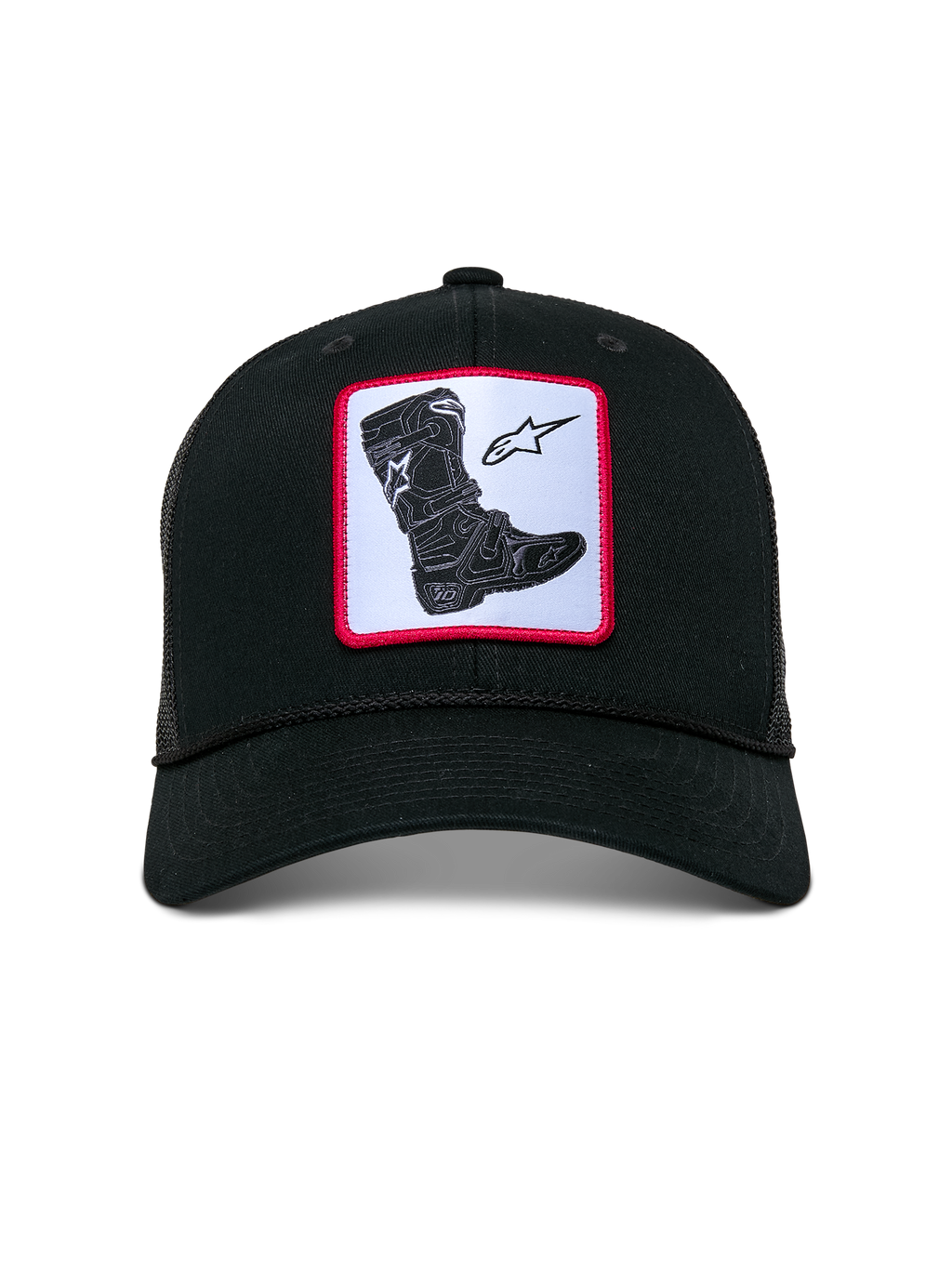 Alpinestars Booted Trucker Hat, black mesh-back cap, features a front woven patch with a Tech Boot graphic and star logo on a white background with a red border, curved bill with braided rope trim, casual motorsport streetwear