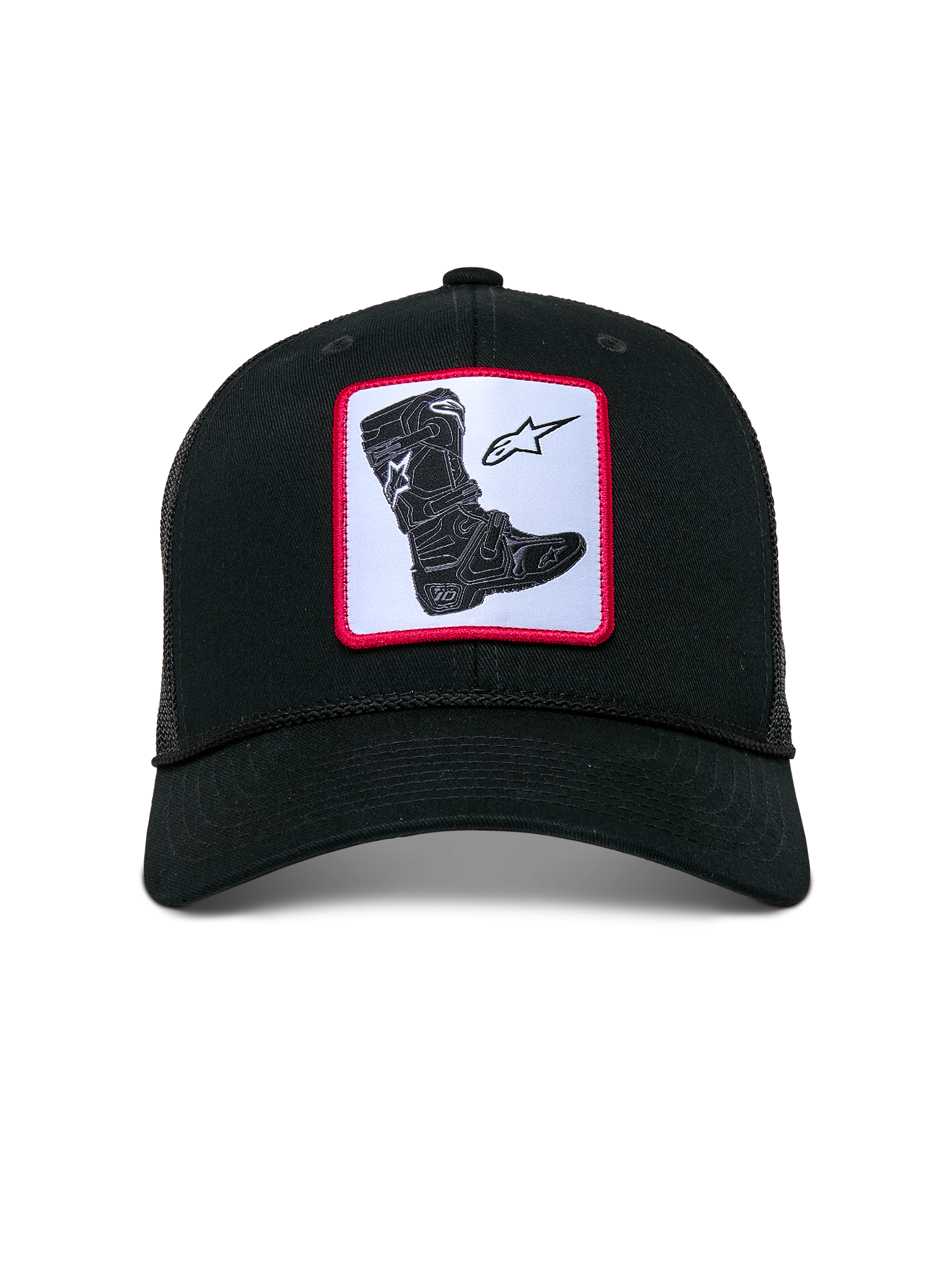 Alpinestars Booted Trucker Hat, black mesh-back cap, features a front woven patch with a Tech Boot graphic and star logo on a white background with a red border, curved bill with braided rope trim, casual motorsport streetwear