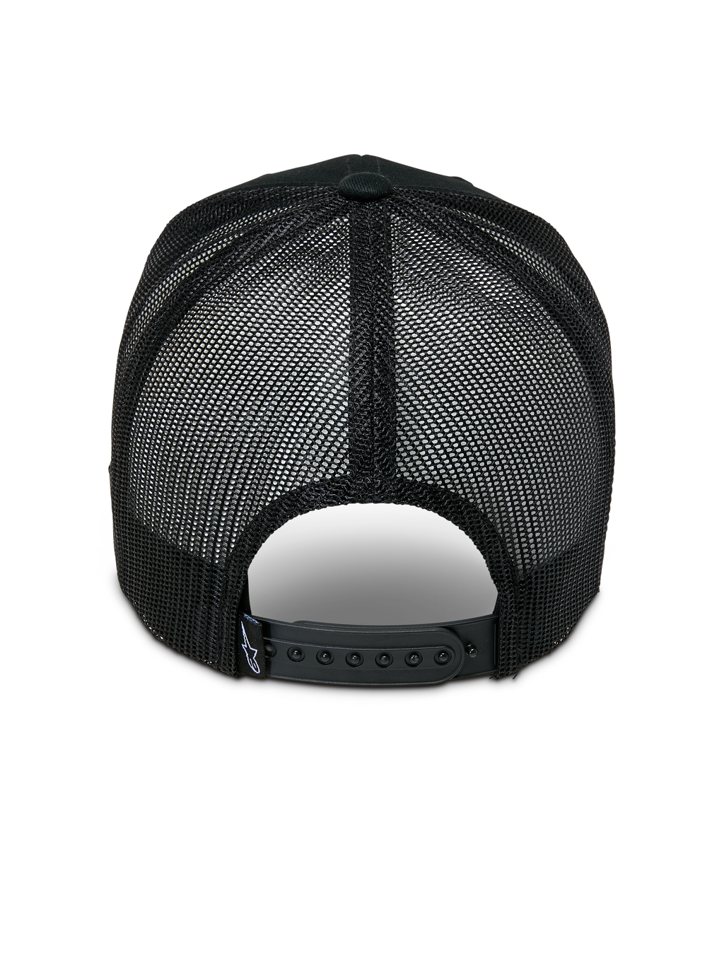 Alpinestars Booted Trucker Hat, rear view, black poly mesh back for ventilation, adjustable snapback closure with small logo detail, casual motorsport-inspired headwear