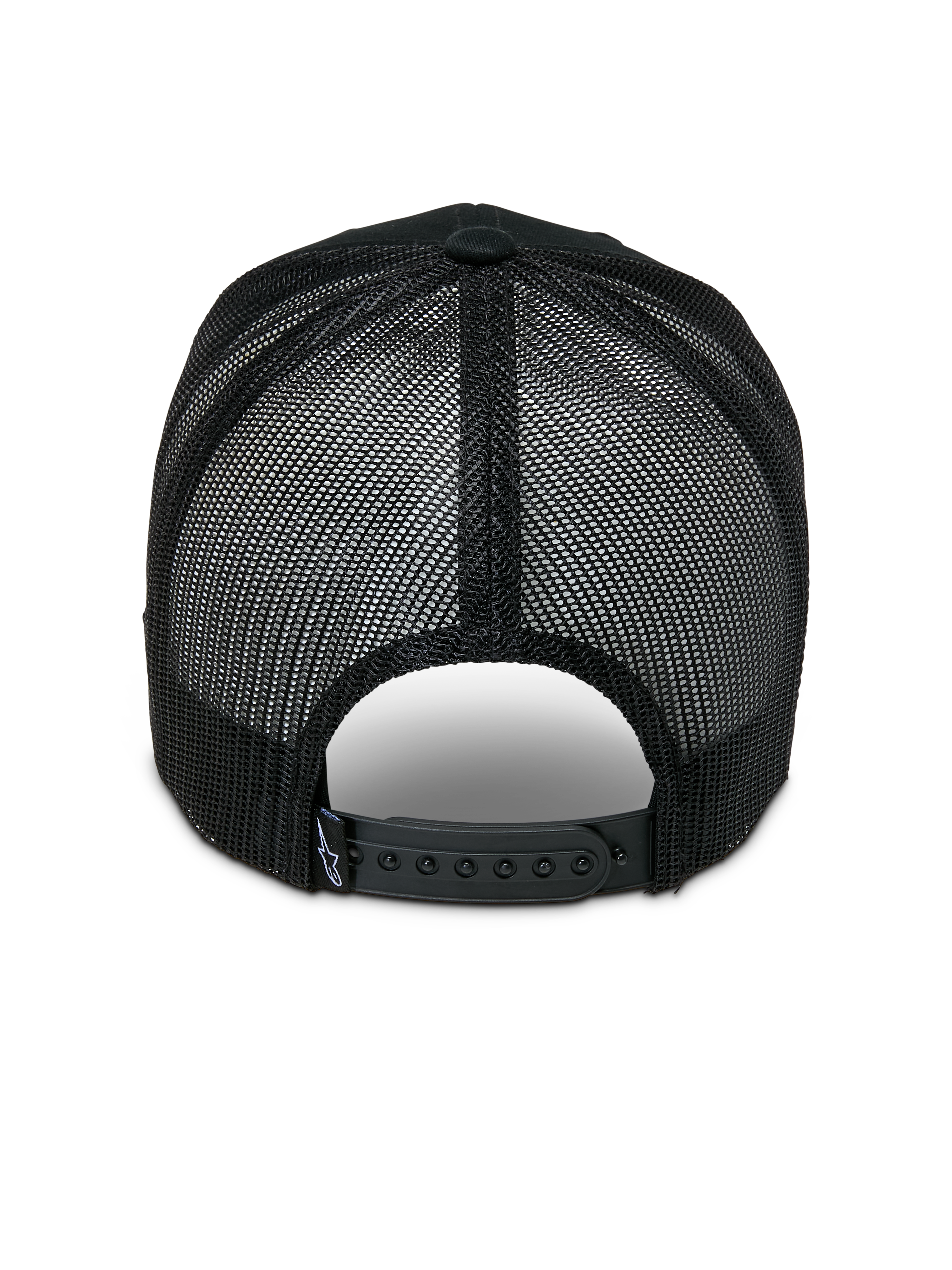 Alpinestars Booted Trucker Hat, rear view, black poly mesh back for ventilation, adjustable snapback closure with small logo detail, casual motorsport-inspired headwear