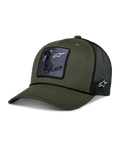 Alpinestars Booted Trucker Hat, trucker cap, military green and black, featuring a woven Tech Boot patch on the front, braided rope trim, and black mesh back with side logo embroidery