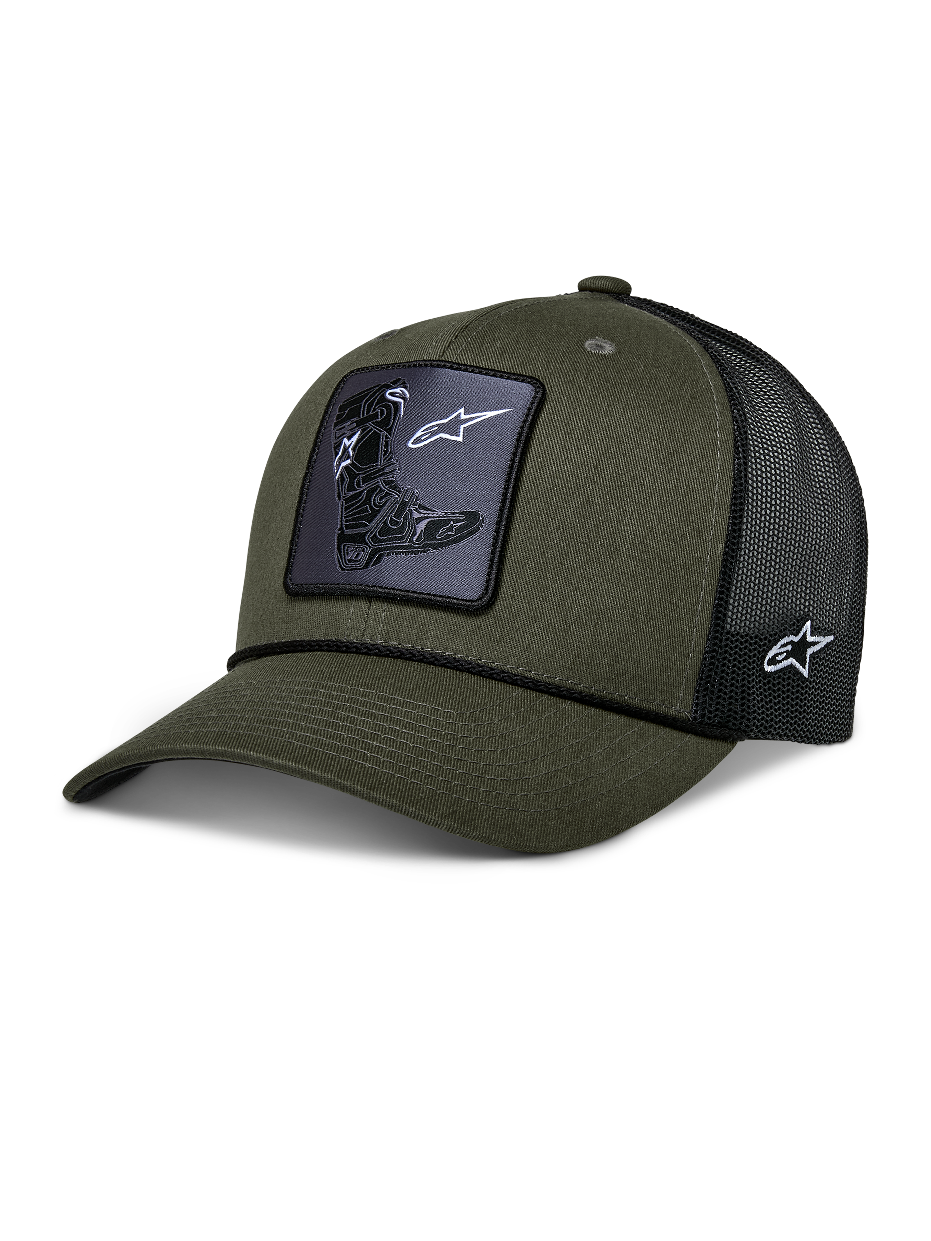 Alpinestars Booted Trucker Hat, trucker cap, military green and black, featuring a woven Tech Boot patch on the front, braided rope trim, and black mesh back with side logo embroidery