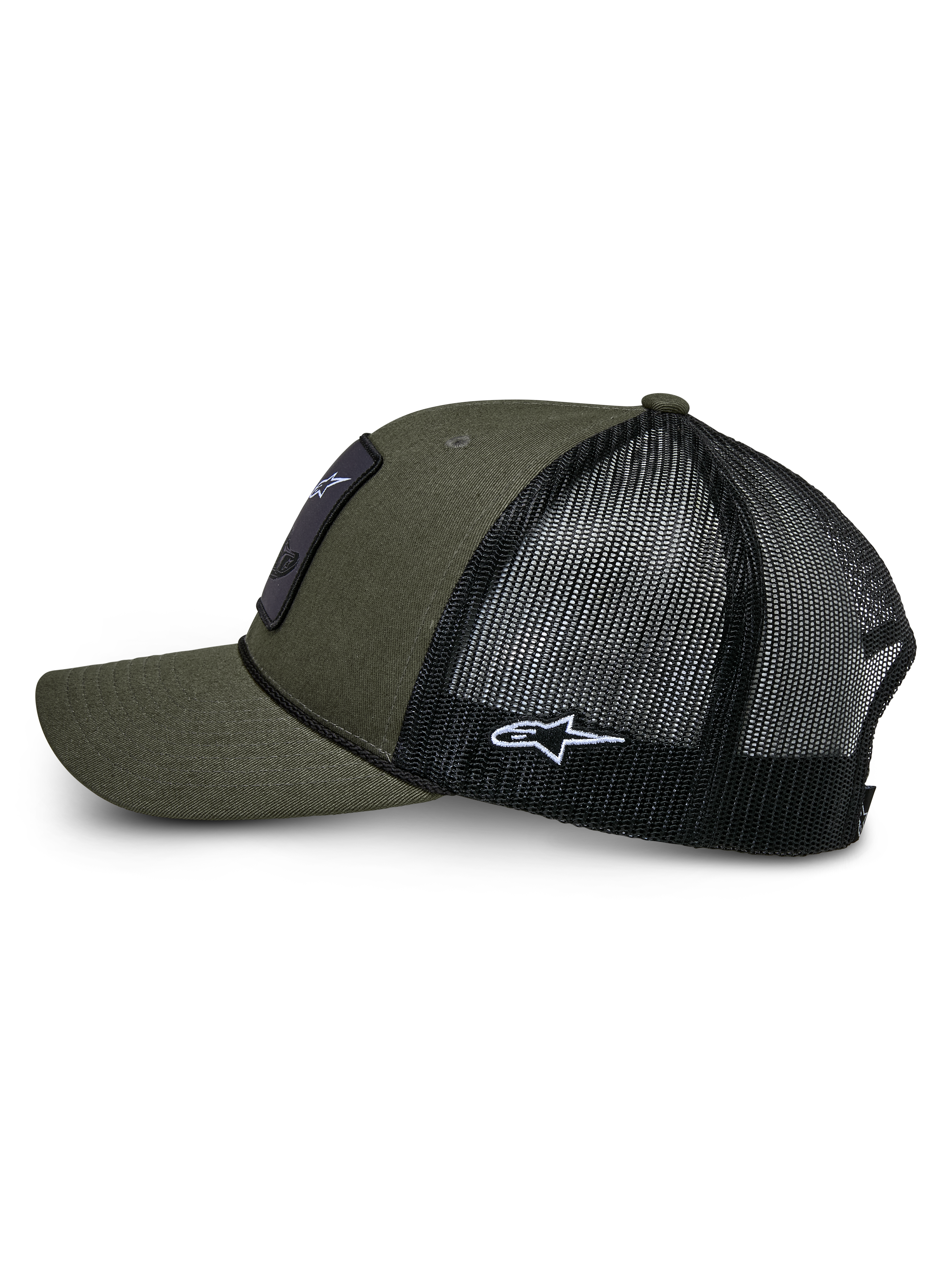 Alpinestars Booted Trucker Hat, Side Profile, Military Green and Black, Twill Front and Mesh Back, Braided Rope Trim and White Side Logo Embroidery, Casual Motorsport Accessory