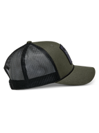 Alpinestars Booted Trucker Hat, Military Green with Black mesh back, side view showing curved bill and braided rope trim, casual motorsport-inspired headwear