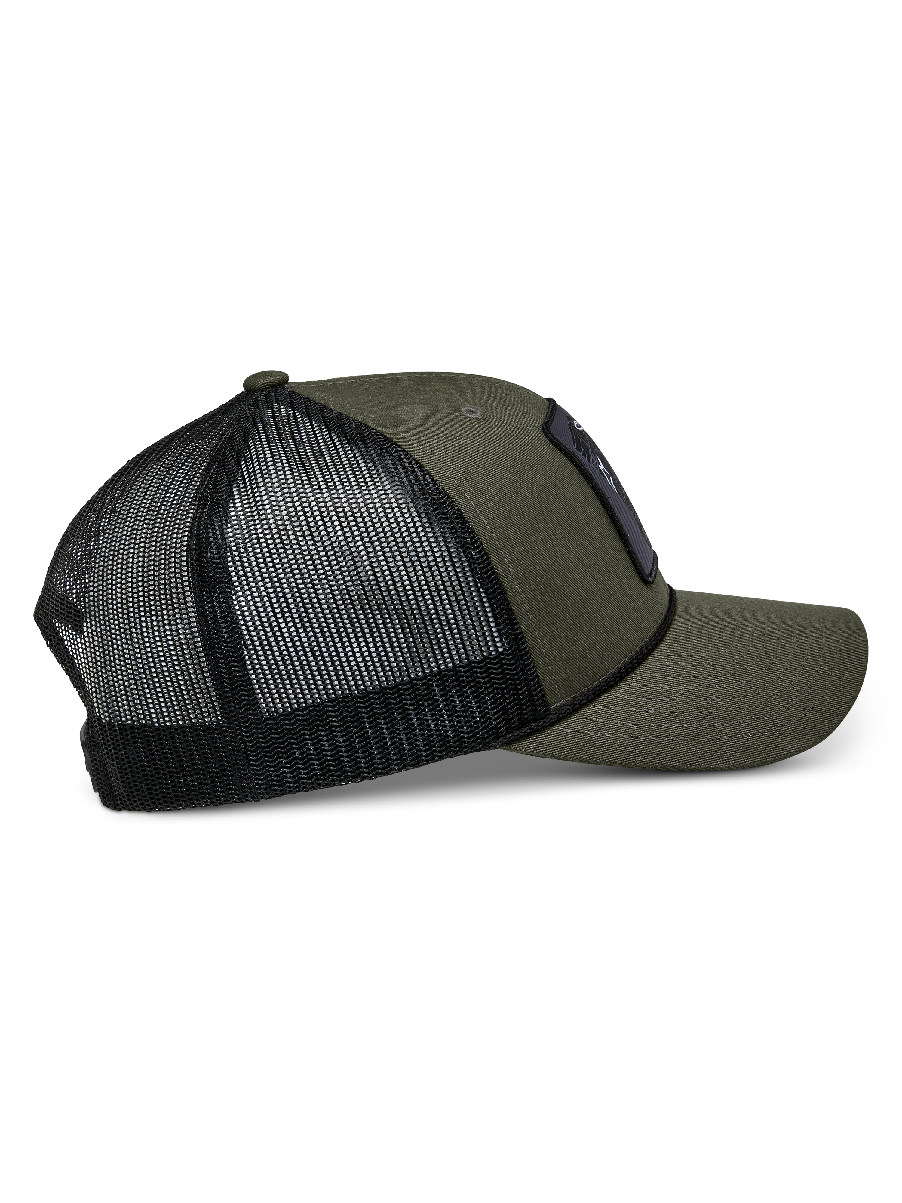 Alpinestars Booted Trucker Hat, Military Green with Black mesh back, side view showing curved bill and braided rope trim, casual motorsport-inspired headwear