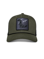 Alpinestars Booted Trucker Hat, Military Green and Black, featuring a front Tech Boot woven patch, curved bill with black braided rope trim, structured cotton twill front and breathable mesh back, casual motorsport headwear