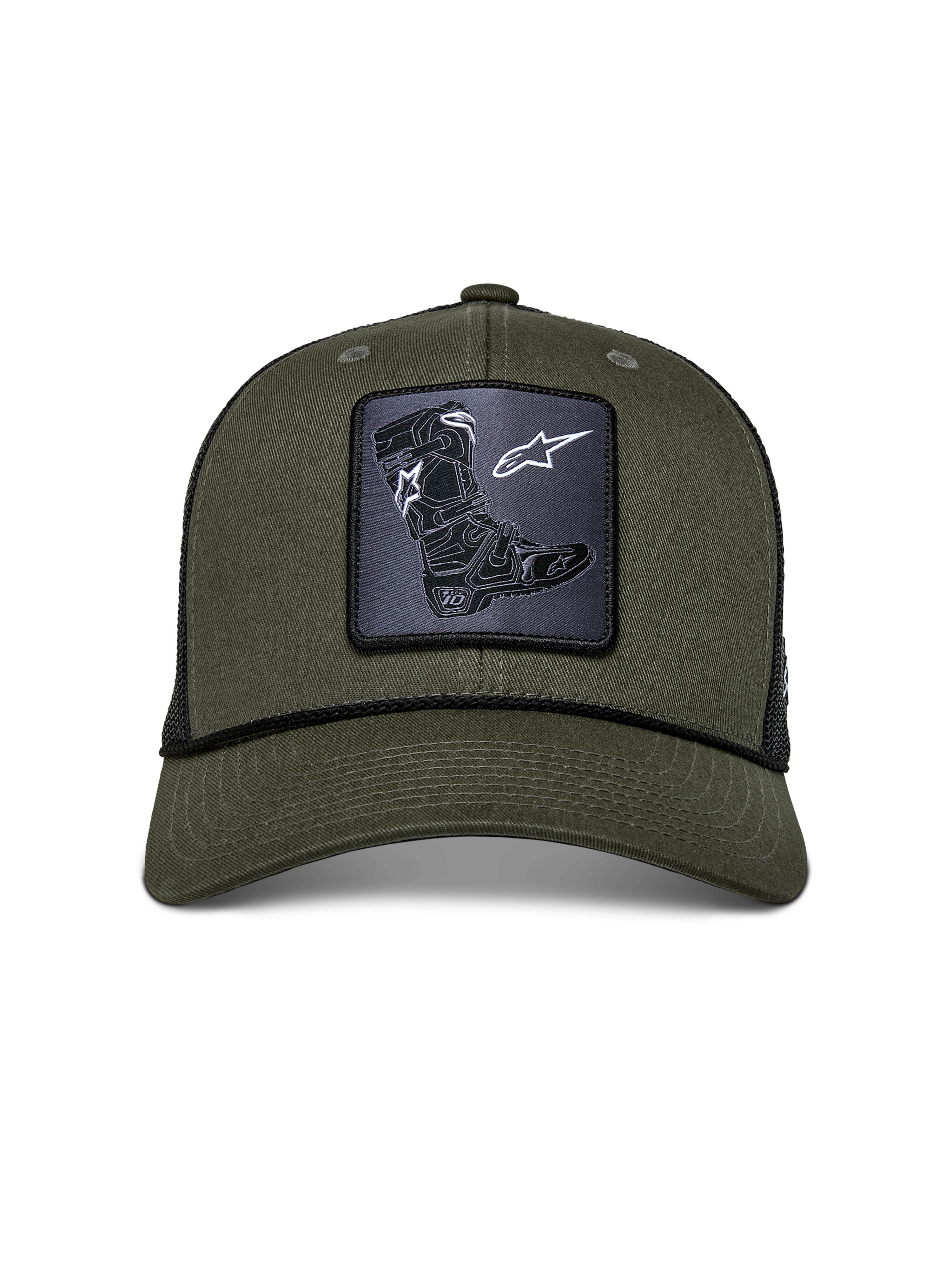Alpinestars Booted Trucker Hat, Military Green and Black, featuring a front Tech Boot woven patch, curved bill with black braided rope trim, structured cotton twill front and breathable mesh back, casual motorsport headwear