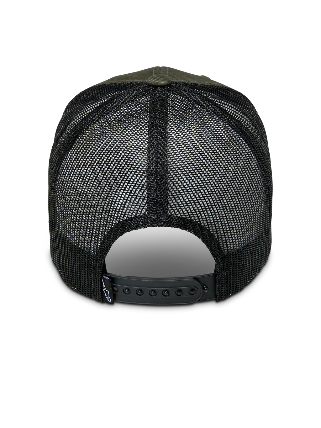 Alpinestars Booted Trucker Hat, Military Green and Black, rear view showing black mesh back and adjustable snapback closure, small Alpinestars logo on back tag, casual motorsport headwear