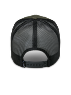 Alpinestars Booted Trucker Hat, Military Green and Black, rear view showing black mesh back and adjustable snapback closure, small Alpinestars logo on back tag, casual motorsport headwear