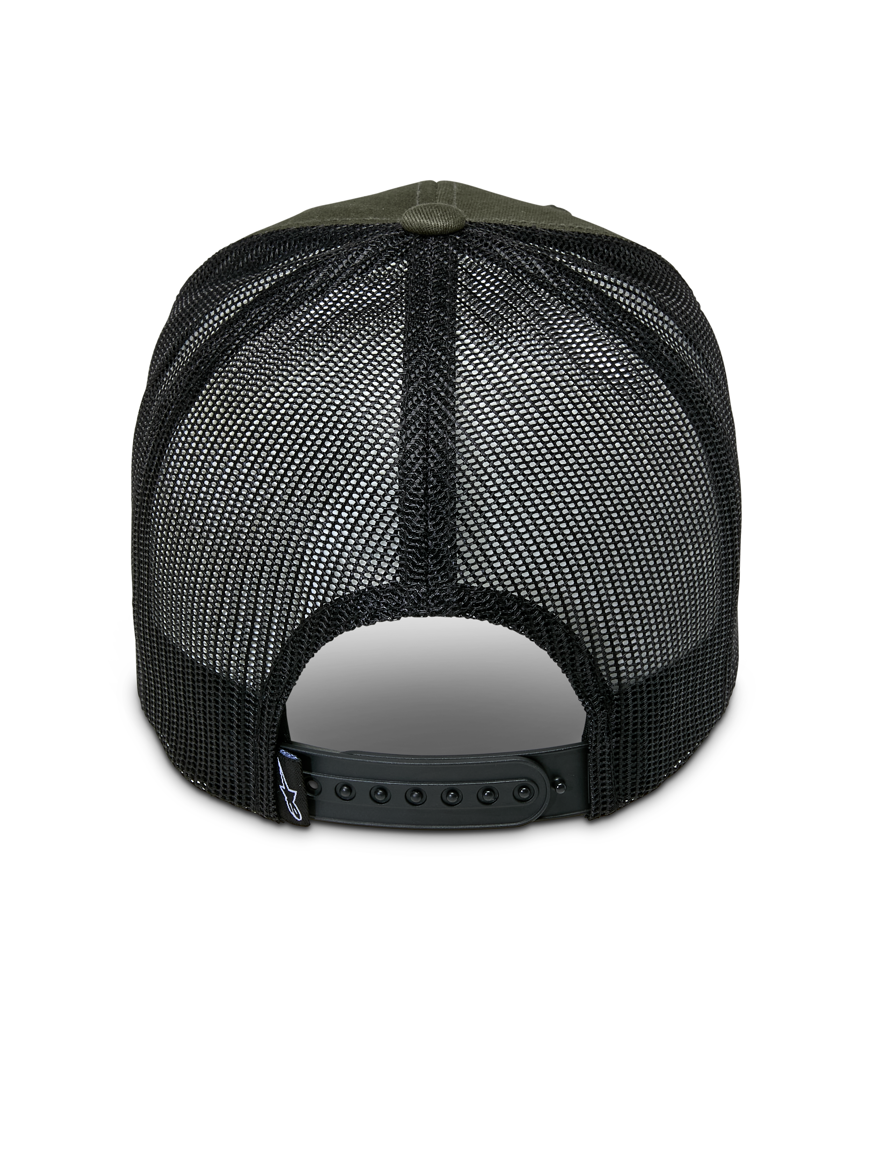 Alpinestars Booted Trucker Hat, Military Green and Black, rear view showing black mesh back and adjustable snapback closure, small Alpinestars logo on back tag, casual motorsport headwear