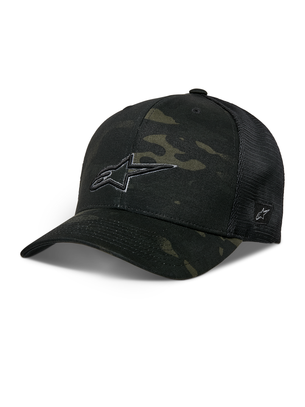 Recon Camo Trucker Hat, Alpinestars Unisex Baseball Cap, Dark Green Camouflage Front Panel with Black Mesh Back, Curved Brim, White Embroidered Logo, Ventilated Design