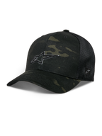 Recon Camo Trucker Hat, Alpinestars Unisex Baseball Cap, Dark Green Camouflage Front Panel with Black Mesh Back, Curved Brim, White Embroidered Logo, Ventilated Design
