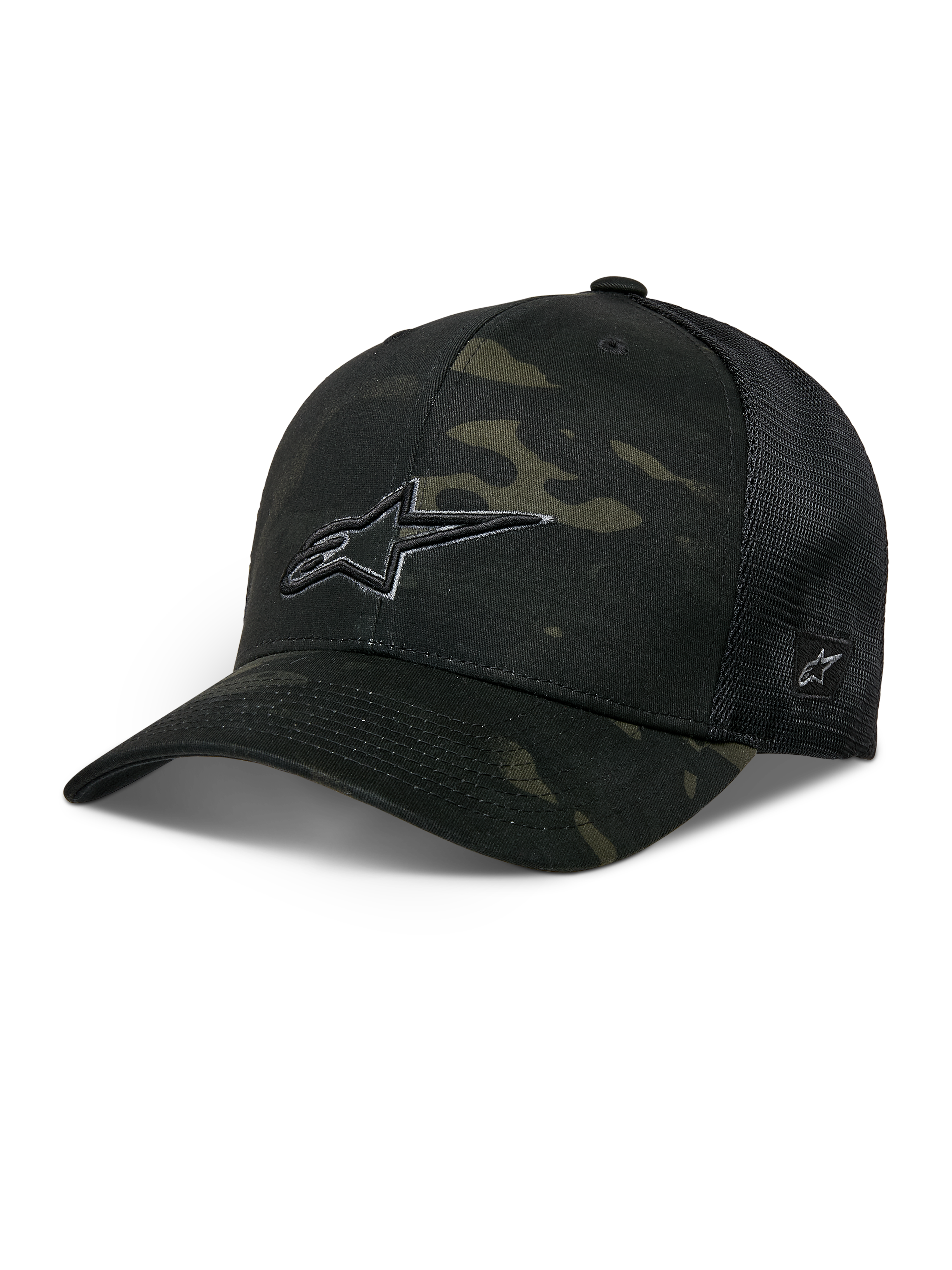 Recon Camo Trucker Hat, Alpinestars Unisex Baseball Cap, Dark Green Camouflage Front Panel with Black Mesh Back, Curved Brim, White Embroidered Logo, Ventilated Design