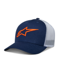 Alpinestars Ageless Trucker Hat, navy blue with white mesh back, orange embroidered star logo, curved bill, structured crown, casual motorsport headwear