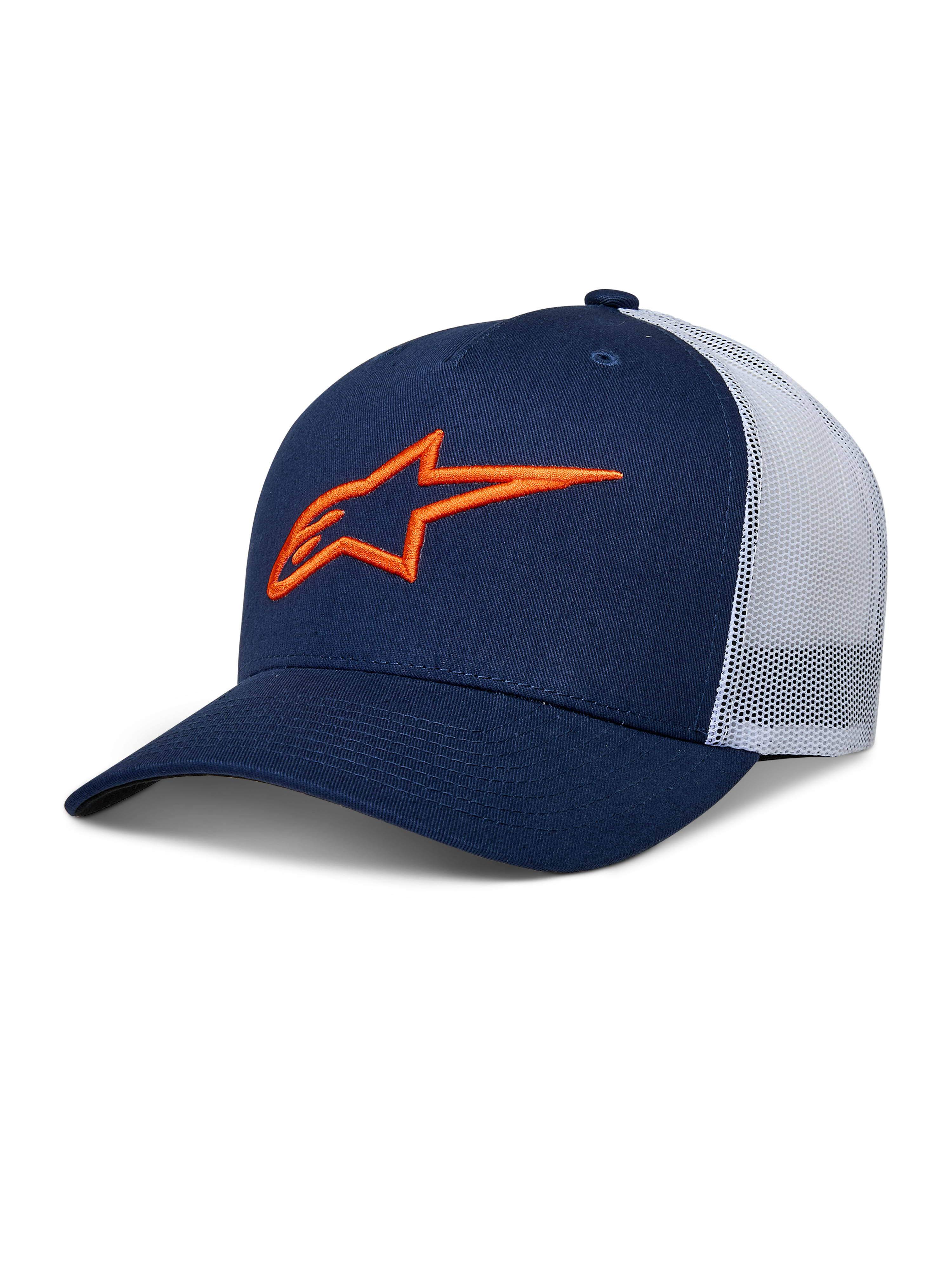 Alpinestars Ageless Trucker Hat, navy blue with white mesh back, orange embroidered star logo, curved bill, structured crown, casual motorsport headwear