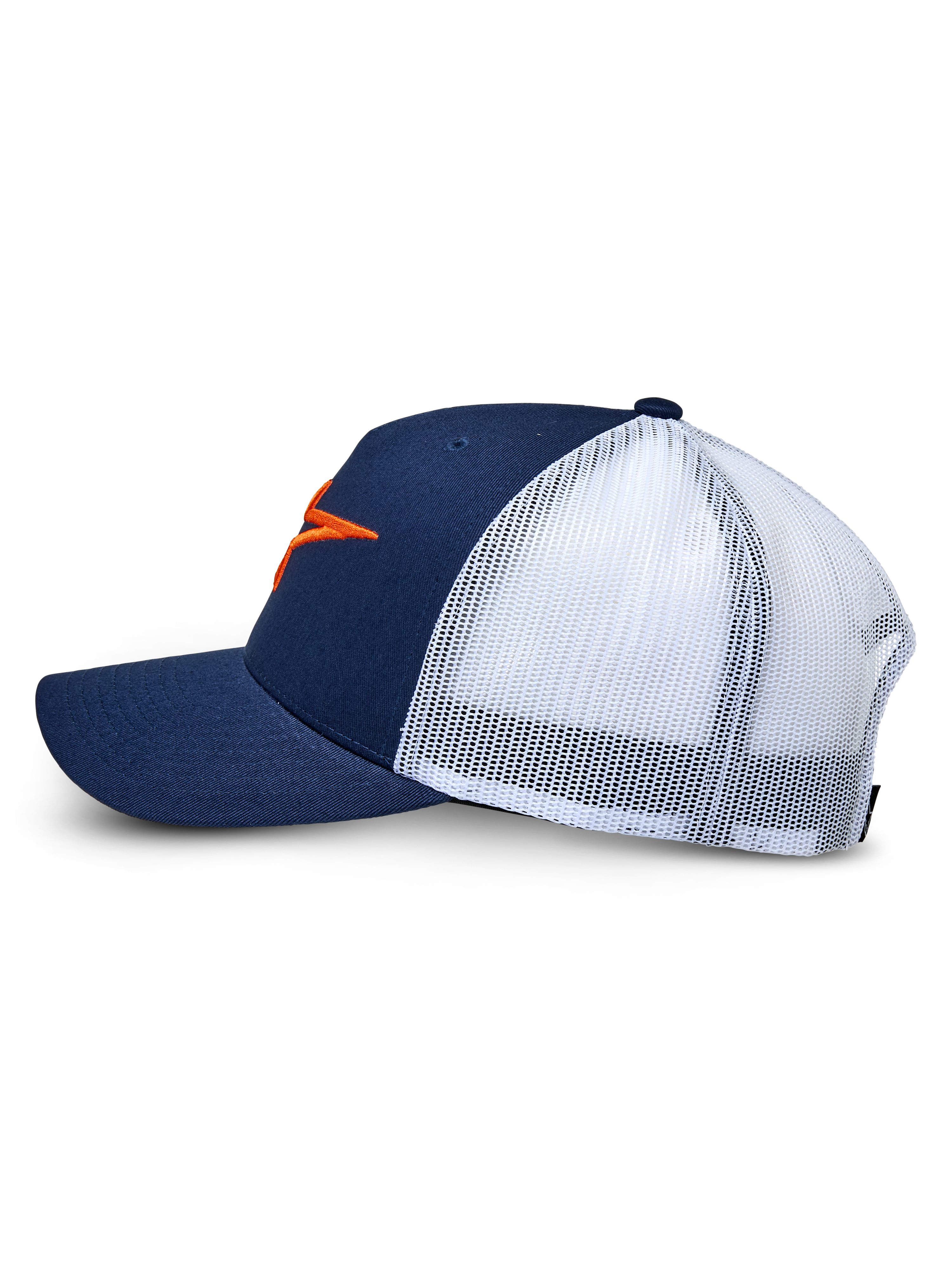 Alpinestars Ageless Trucker Hat, Navy Blue and White, side view profile, structured navy twill front with white poly mesh back, curved bill, featuring an orange 3D embroidered Astars logo, casual motorsport headwear