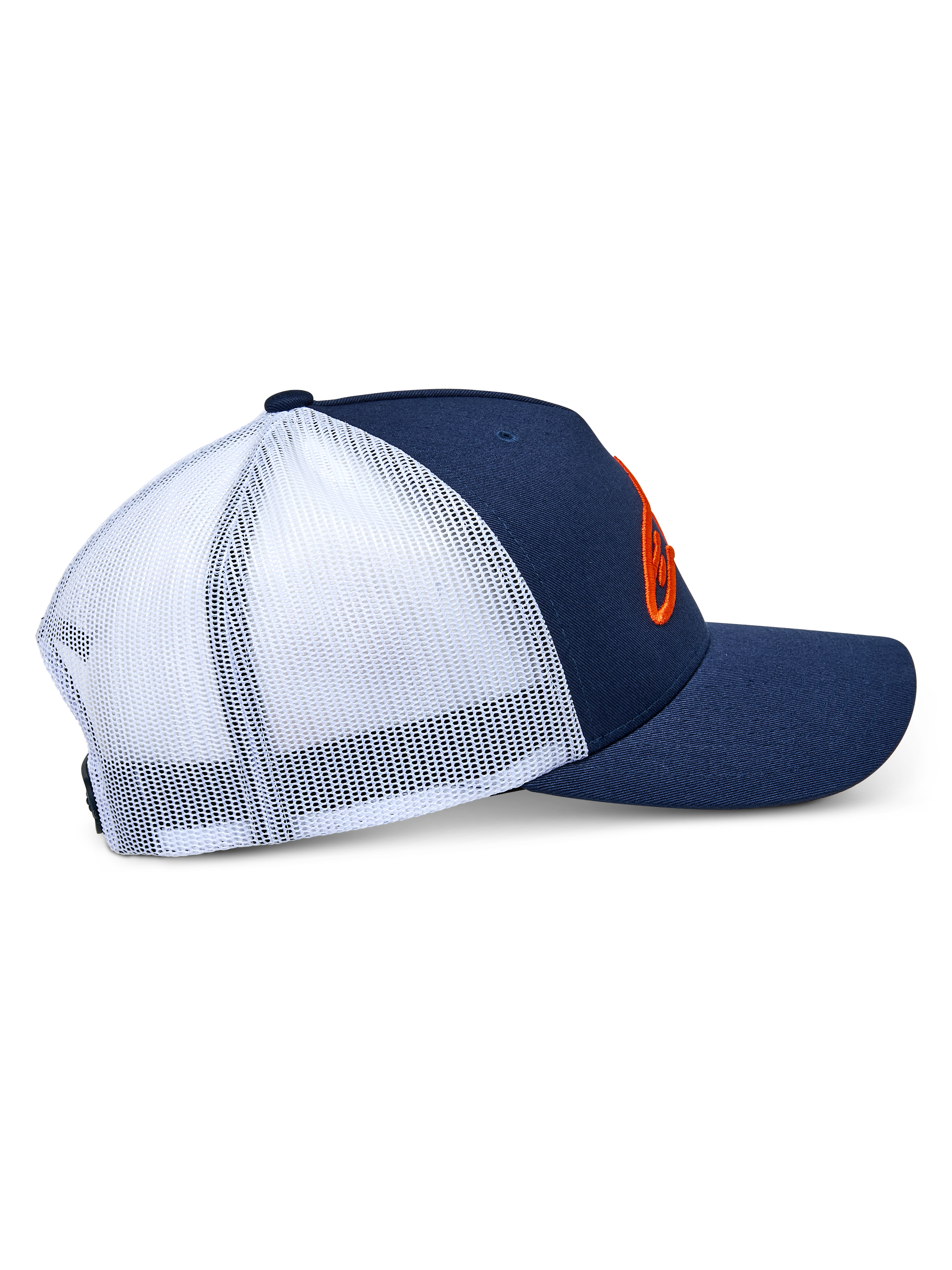 Alpinestars Ageless Trucker Hat, side profile view, Navy Blue and White, featuring a navy twill front and bill with breathable white mesh back, orange 3D embroidered Astars logo, casual motorsport-inspired headwear