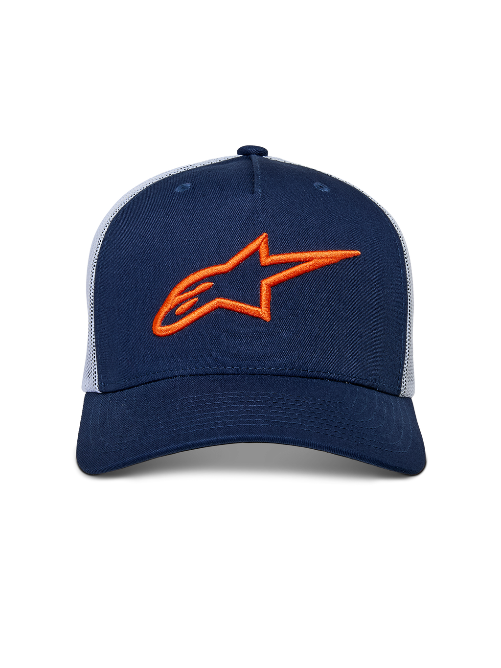 Alpinestars Ageless Trucker Hat, Navy Blue and White, front 3D embroidered orange Astars logo, structured crown with curved bill and poly mesh back, casual motorsport headwear