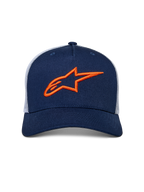 Alpinestars Ageless Trucker Hat, Navy Blue and White, front 3D embroidered orange Astars logo, structured crown with curved bill and poly mesh back, casual motorsport headwear