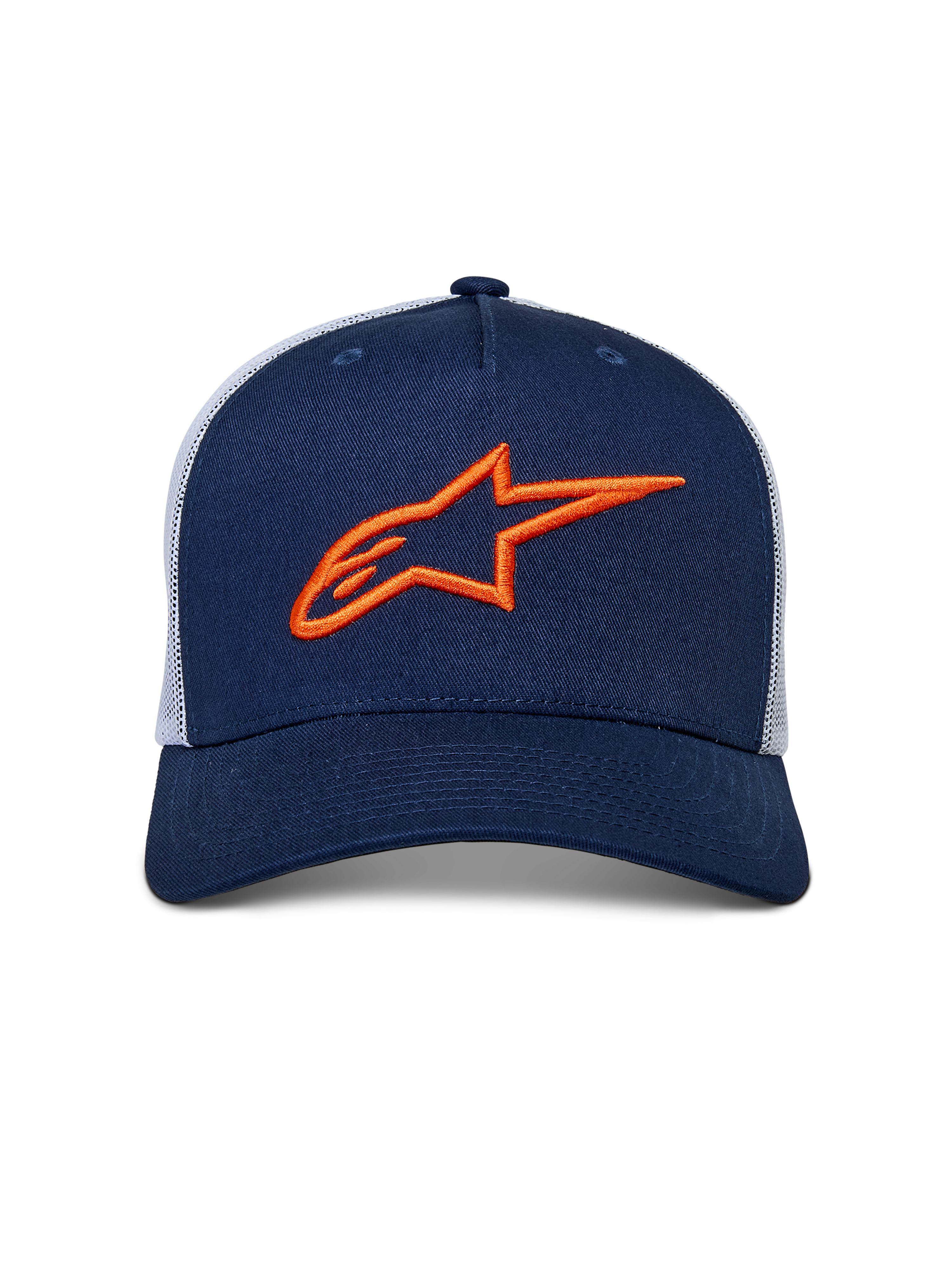 Alpinestars Ageless Trucker Hat, Navy Blue and White, front 3D embroidered orange Astars logo, structured crown with curved bill and poly mesh back, casual motorsport headwear