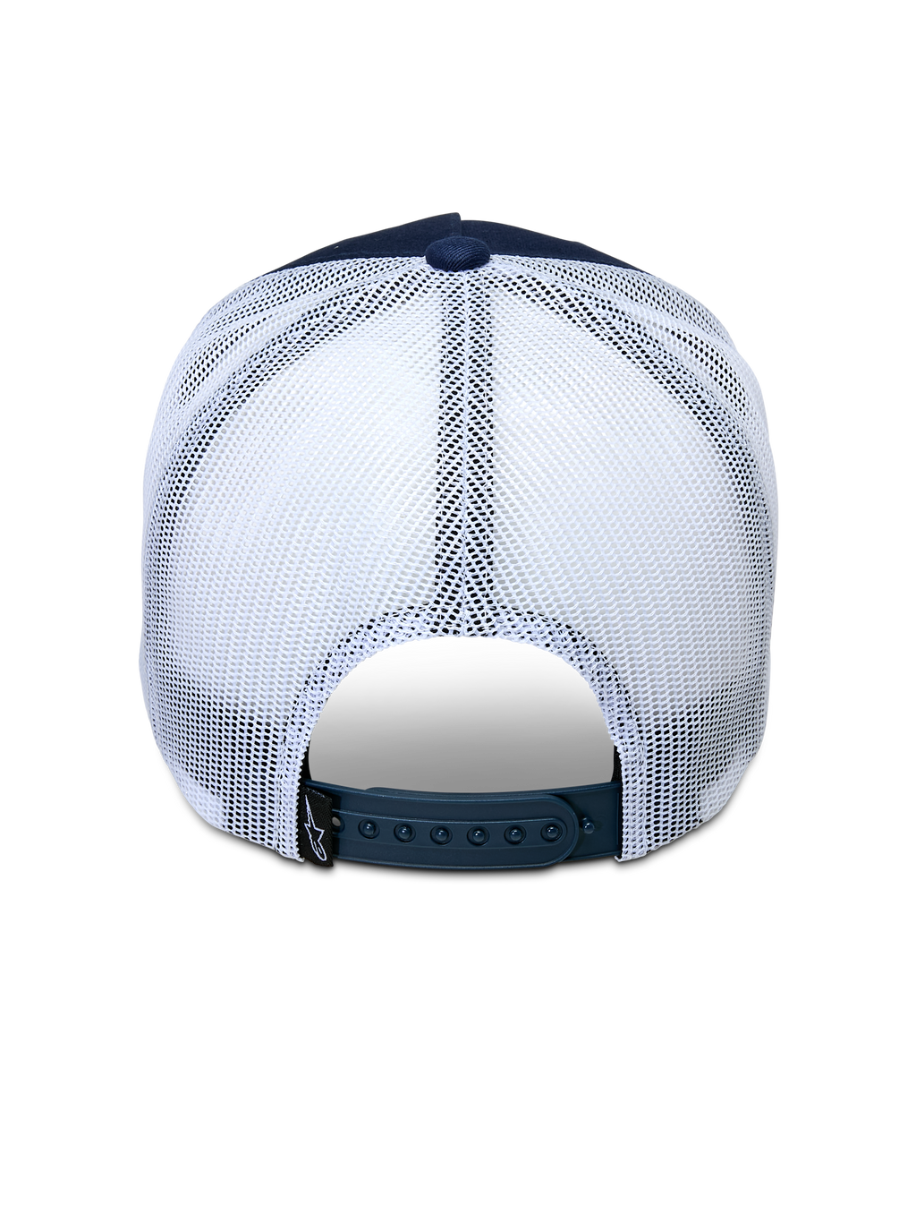 Alpinestars Ageless Trucker Hat, Navy Blue and White, Rear view showing the adjustable snapback closure and white mesh panels, classic trucker hat design with breathable back, casual motorsport-inspired headwear
