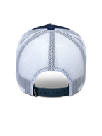 Alpinestars Ageless Trucker Hat, Navy Blue and White, Rear view showing the adjustable snapback closure and white mesh panels, classic trucker hat design with breathable back, casual motorsport-inspired headwear