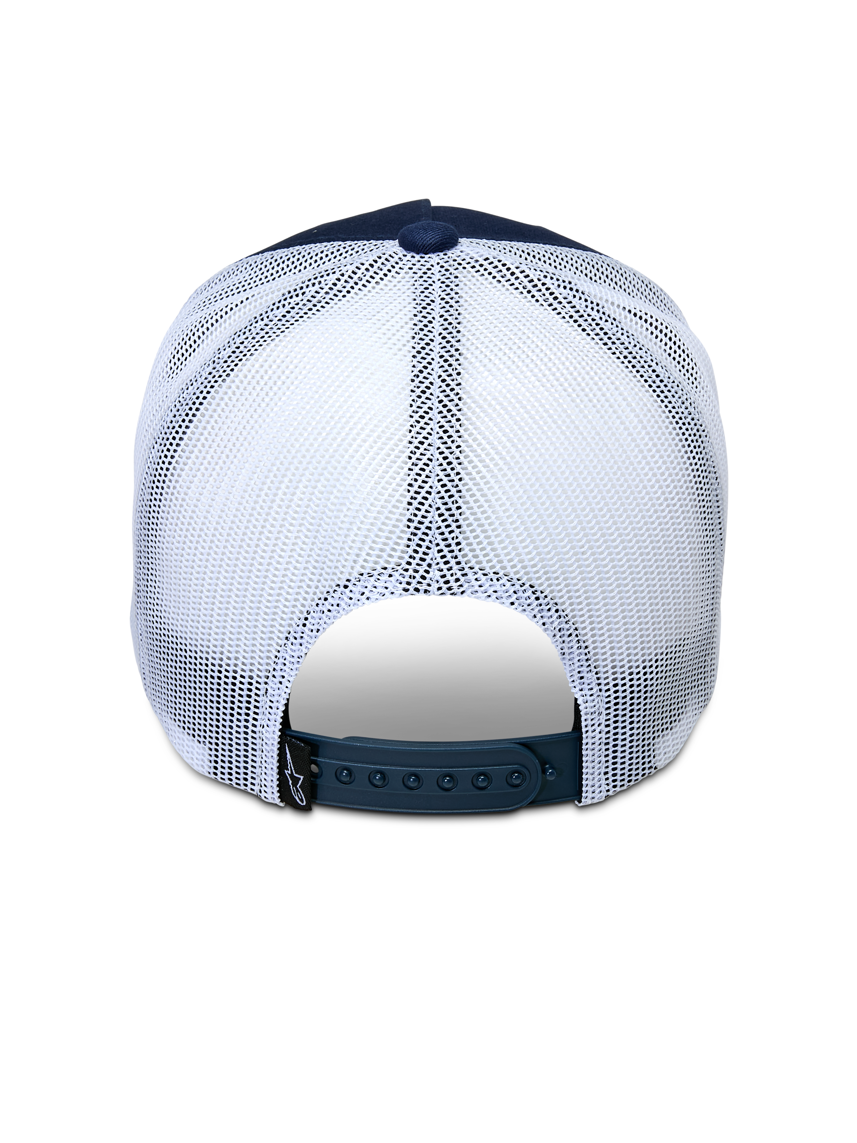 Alpinestars Ageless Trucker Hat, Navy Blue and White, Rear view showing the adjustable snapback closure and white mesh panels, classic trucker hat design with breathable back, casual motorsport-inspired headwear