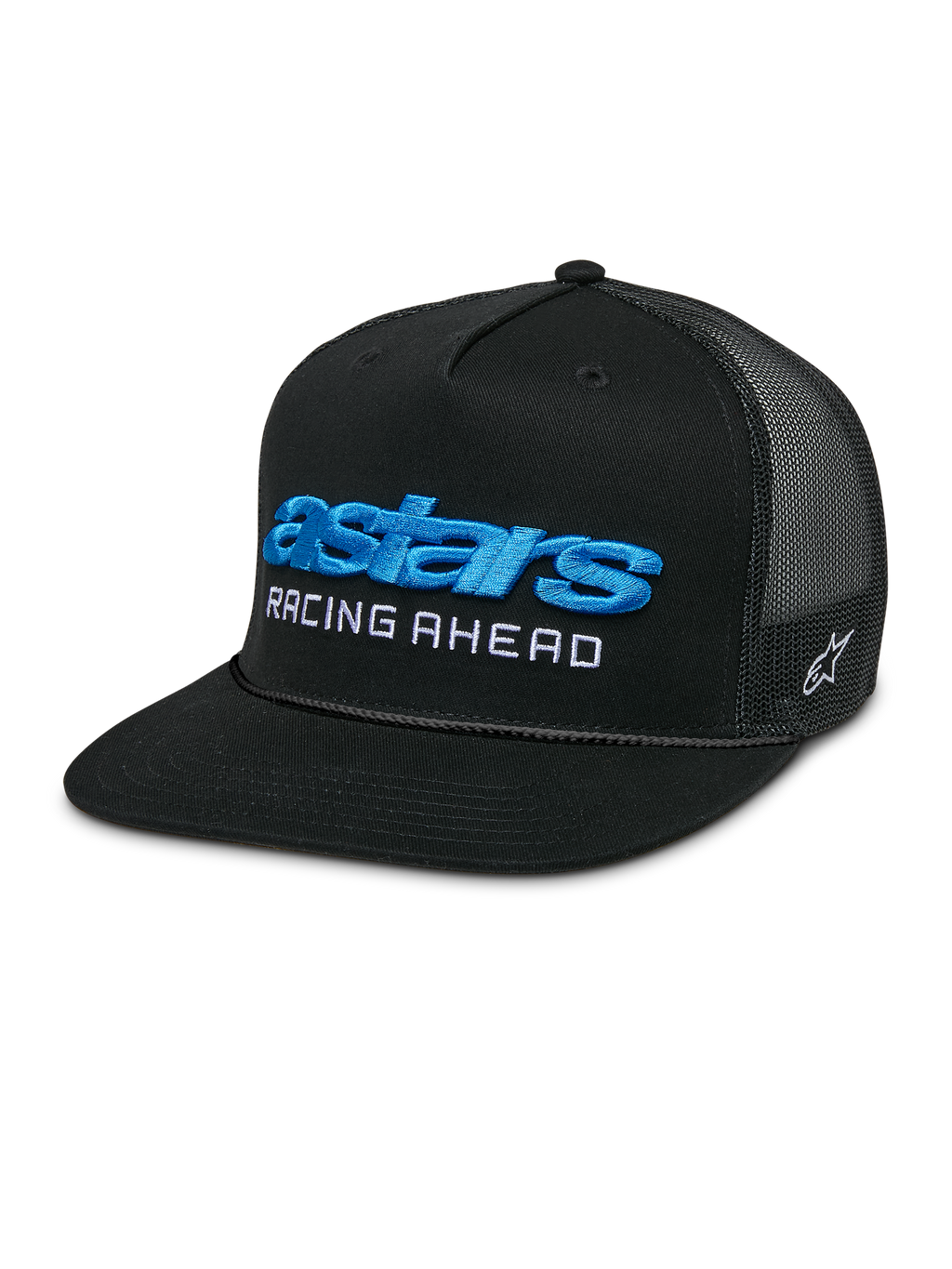 Alpinestars Notice Trucker Hat, Black snapback cap with mesh back and flat bill, featuring blue 3D embroidered 'astars' logo and white 'RACING AHEAD' text, structured crown with braided rope detail, casual motorsports-inspired style.