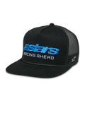 Alpinestars Notice Trucker Hat, Black snapback cap with mesh back and flat bill, featuring blue 3D embroidered 'astars' logo and white 'RACING AHEAD' text, structured crown with braided rope detail, casual motorsports-inspired style.