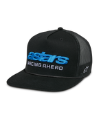 Alpinestars Notice Trucker Hat, Black snapback cap with mesh back and flat bill, featuring blue 3D embroidered 'astars' logo and white 'RACING AHEAD' text, structured crown with braided rope detail, casual motorsports-inspired style.