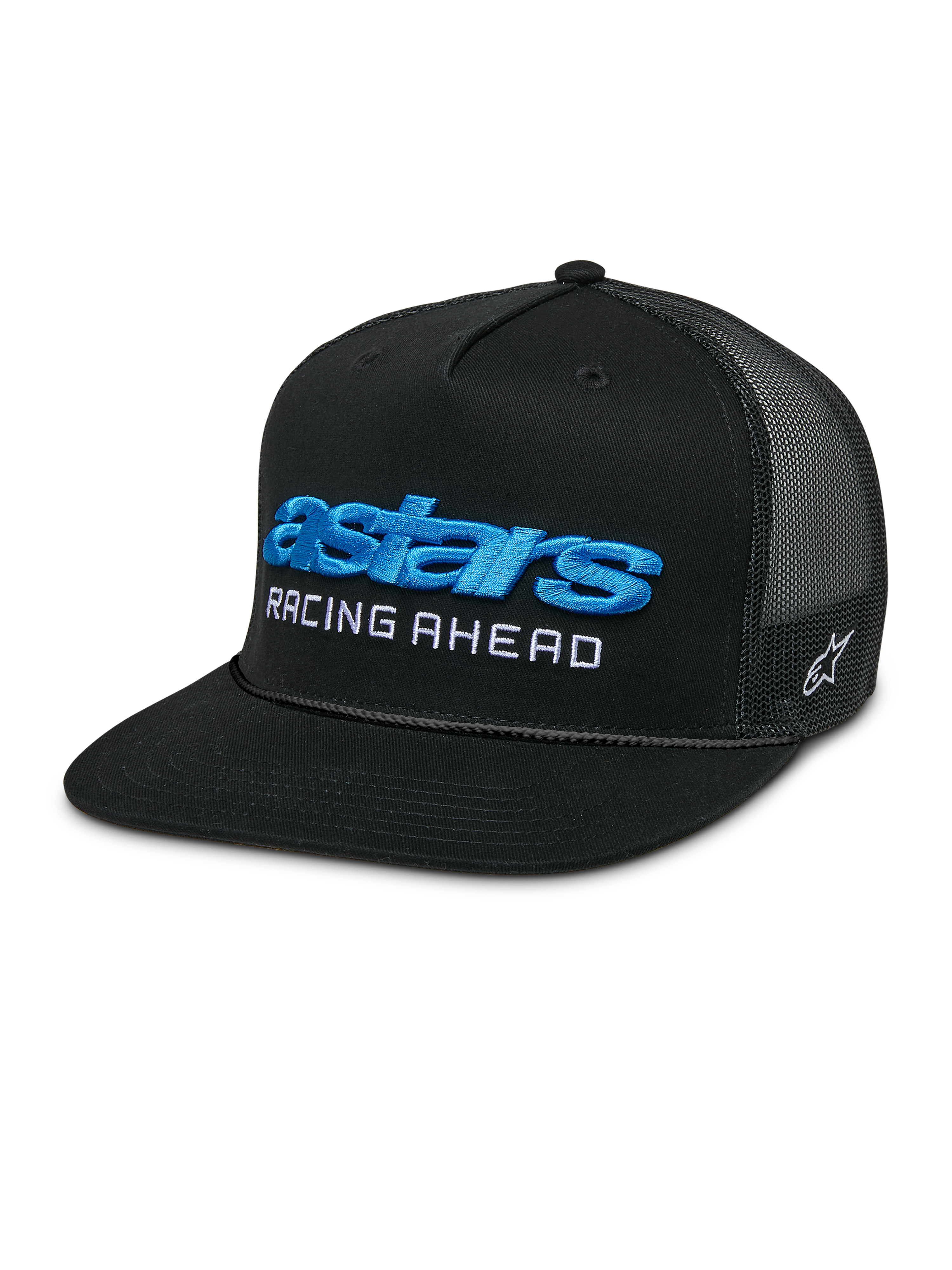 Alpinestars Notice Trucker Hat, Black snapback cap with mesh back and flat bill, featuring blue 3D embroidered 'astars' logo and white 'RACING AHEAD' text, structured crown with braided rope detail, casual motorsports-inspired style.