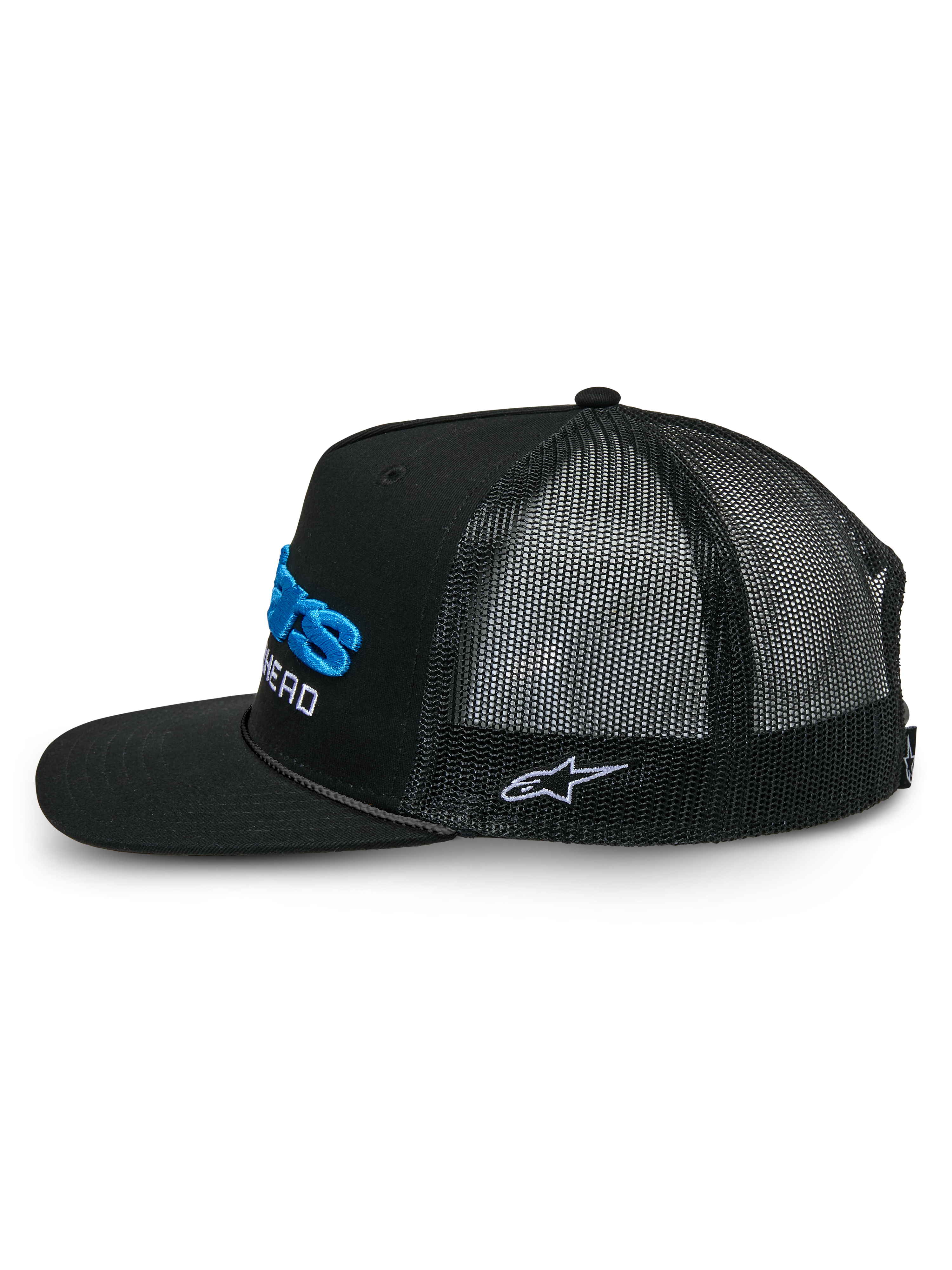 Alpinestars Notice Trucker Hat, side profile, Black with blue and white 3D embroidery, flat bill with braided rope detail, structured crown, poly mesh back, casual motorsport streetwear